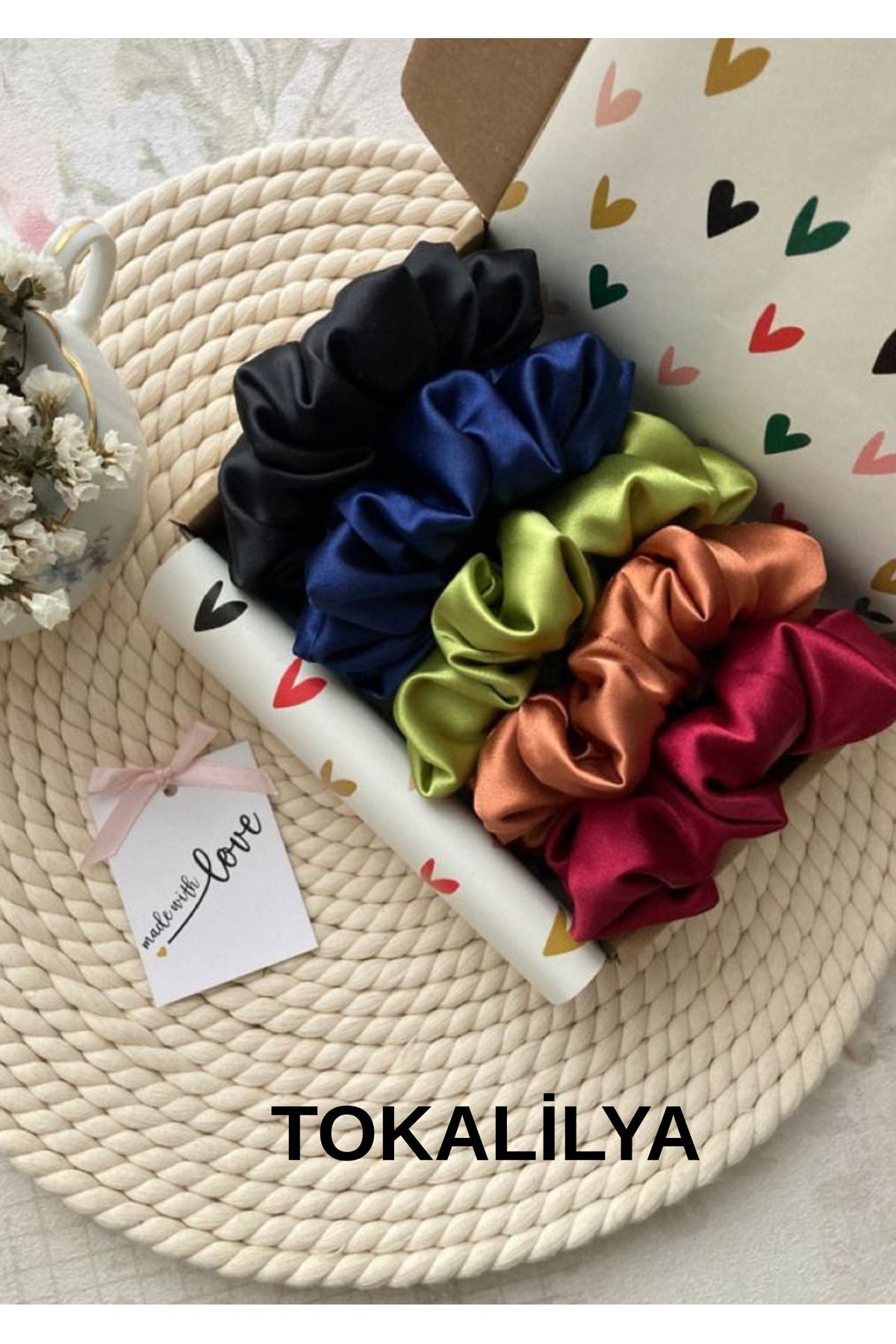 TOKALİLYA Kadın saten renkli scrunchie simit lastikli toka seti