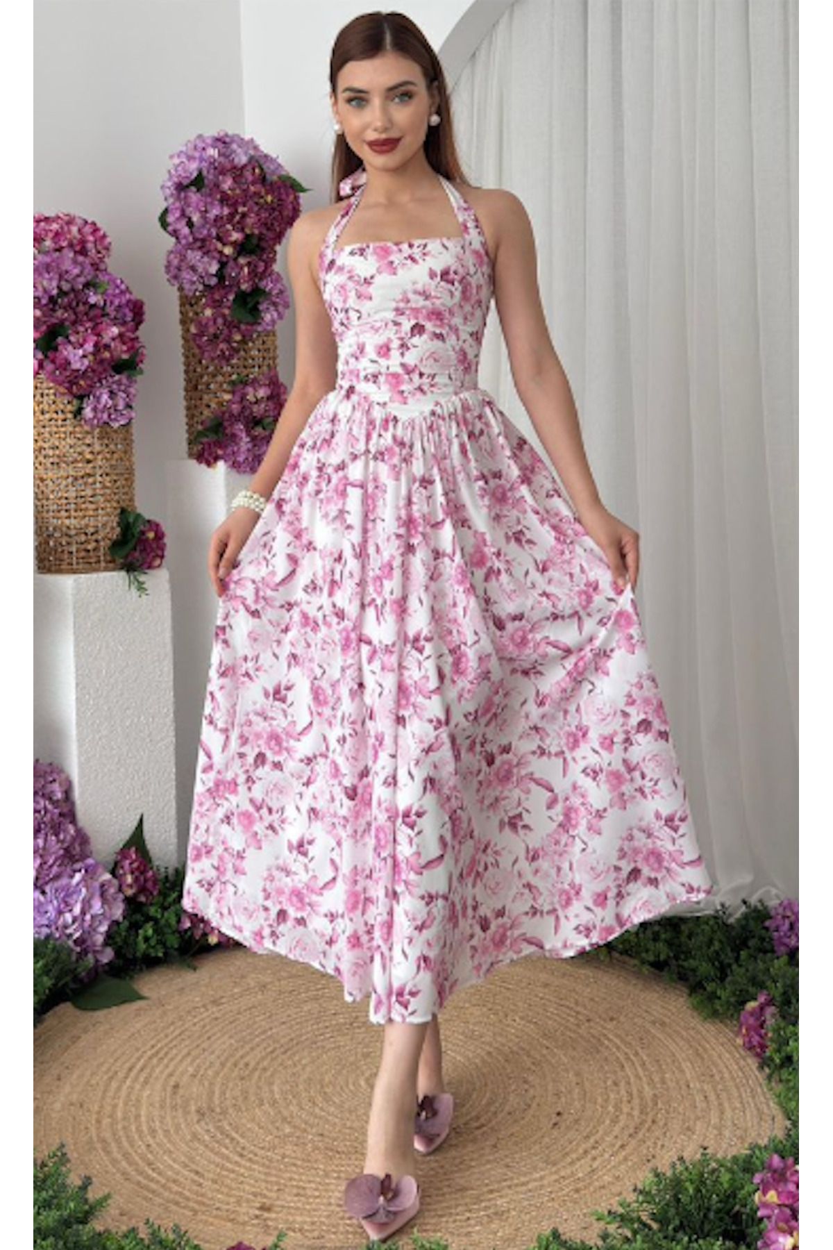 Julidress Çiçek Desenli Korse Görünümlü Pileli Astarlı Midi Boy Premium Elbise