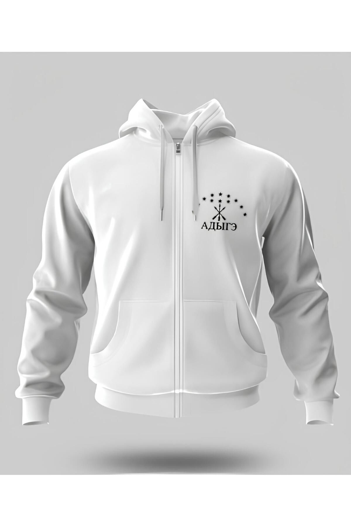 DZİWAWA Çift Taraf Adige Bayrak Baskılı Çerkes Unisex Fermuarlı Hoodie Kapşonlu
