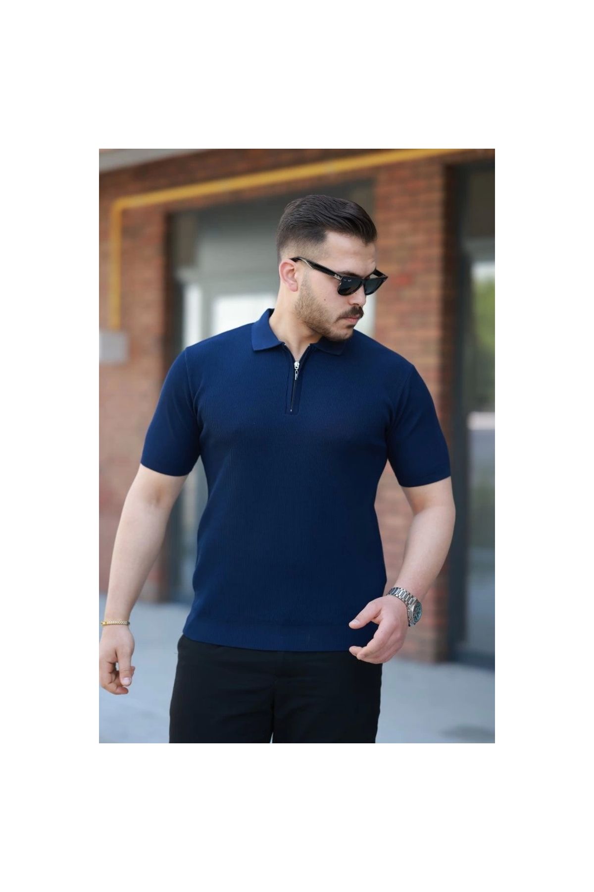 Marsilyan - Erkek Fermuarlı Yakalı Kısa Kollu Tshirt