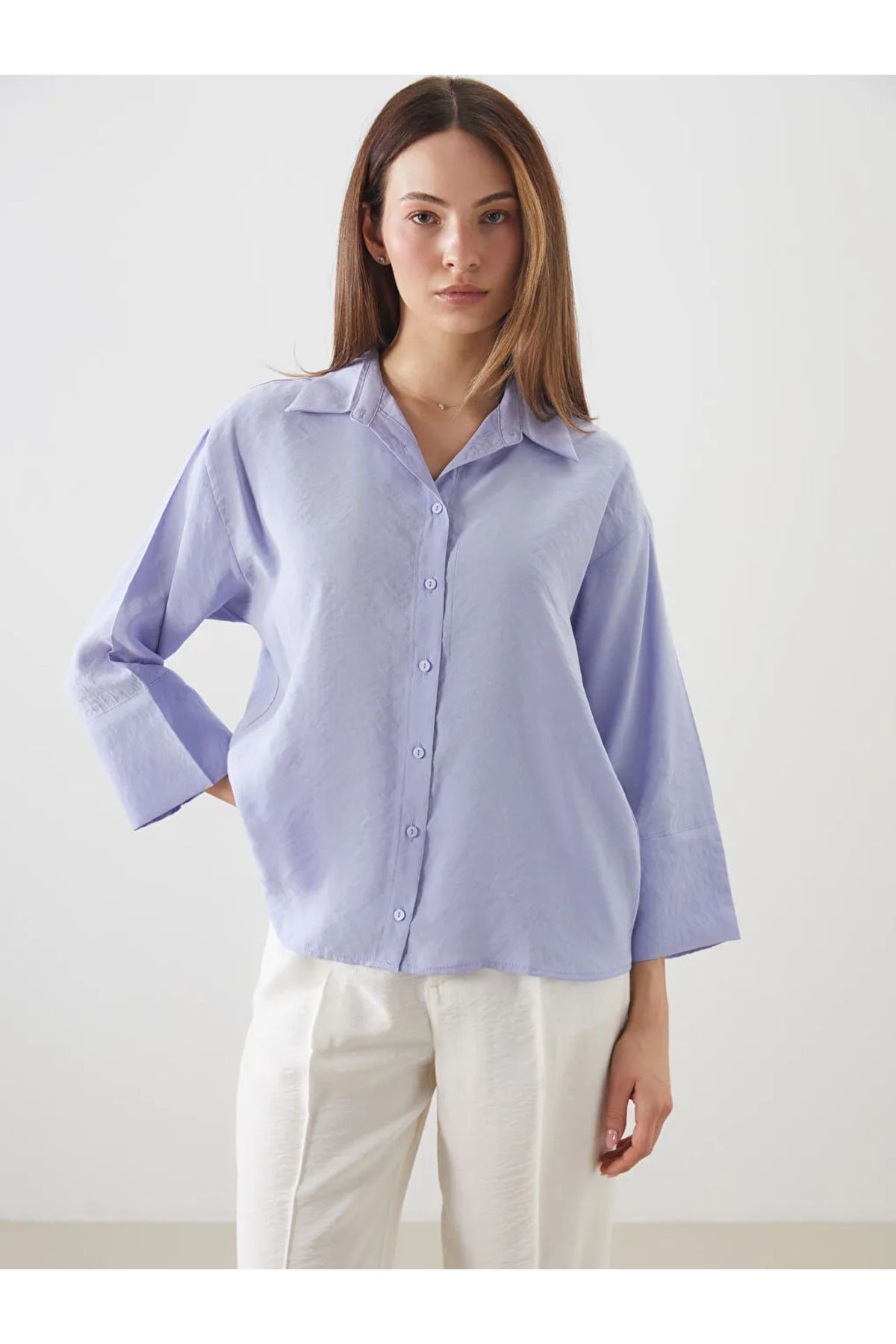 LC Waikiki LCWAIKIKI Classic Lila Modal Karışımlı Oversize Kadın Gömlek