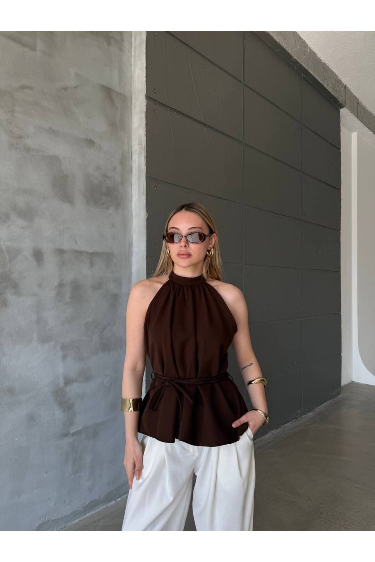 BOUQUET OF TULİP Halter Yaka Kolsuz İp Kemerli Bluz