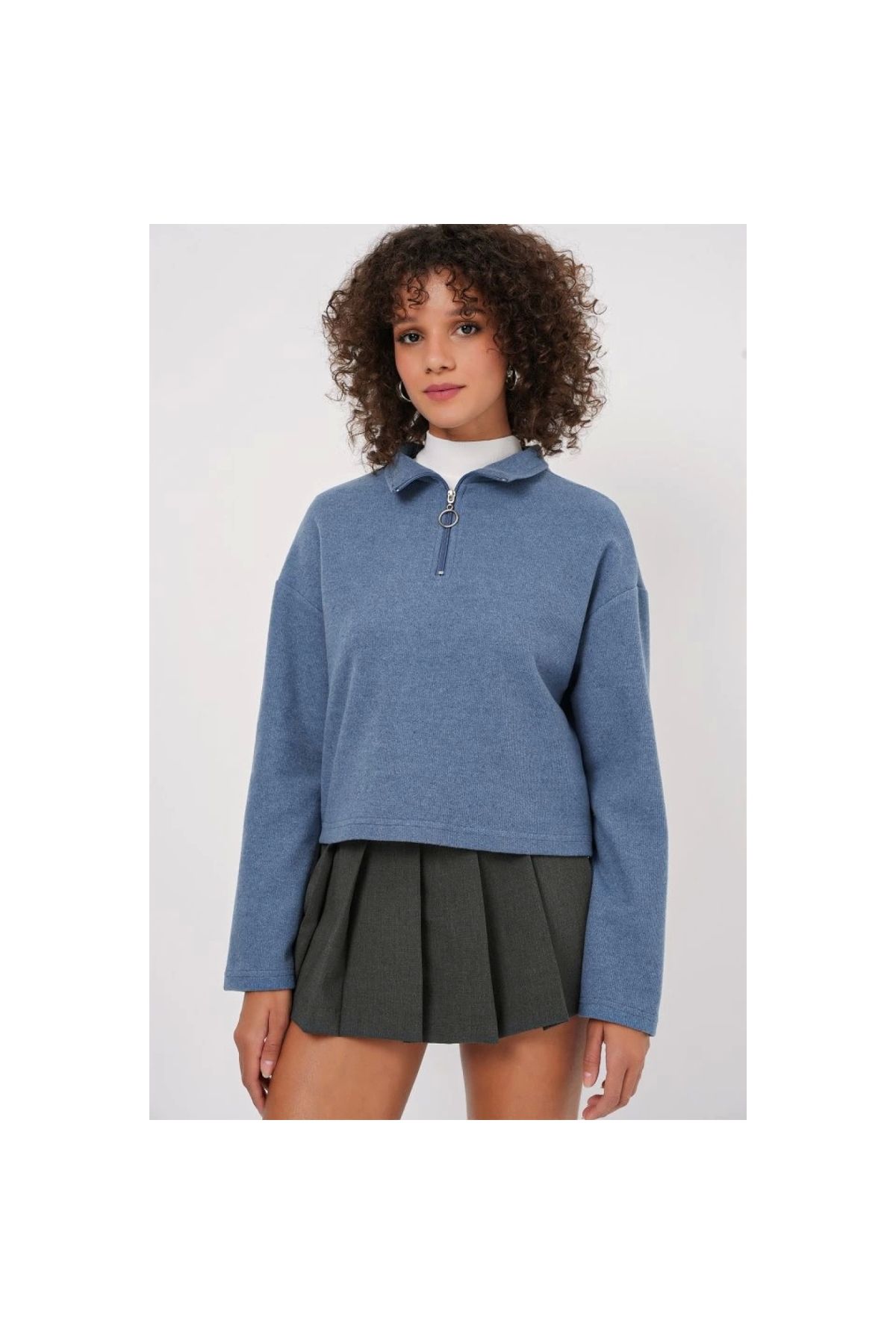 Marsilyan - 55449 Fermuarlı Yaka Örme Sweatshirt İndigo