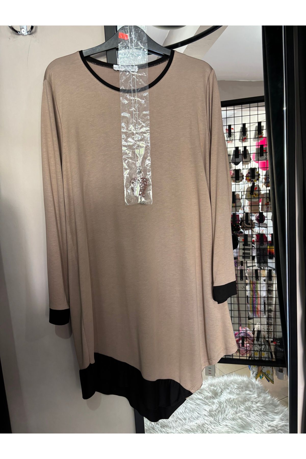 strabellaclothes Penye tunik pantolon takım beli lastikli bej ve siyah renk