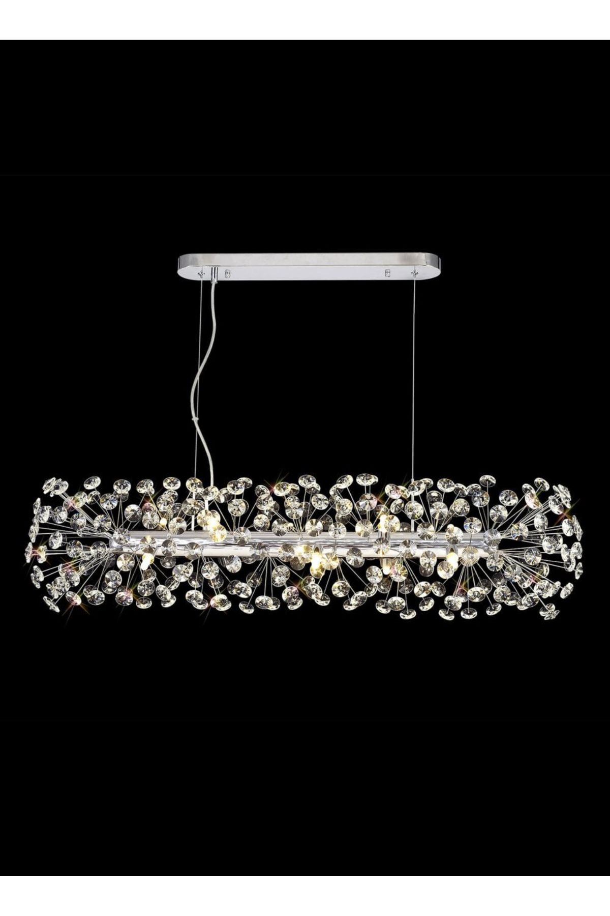 burenze Luxury Collection Modern Tasarım Kristal Taşlı Sarkıt Avize Elips Yemek Masası Krom Gümüş