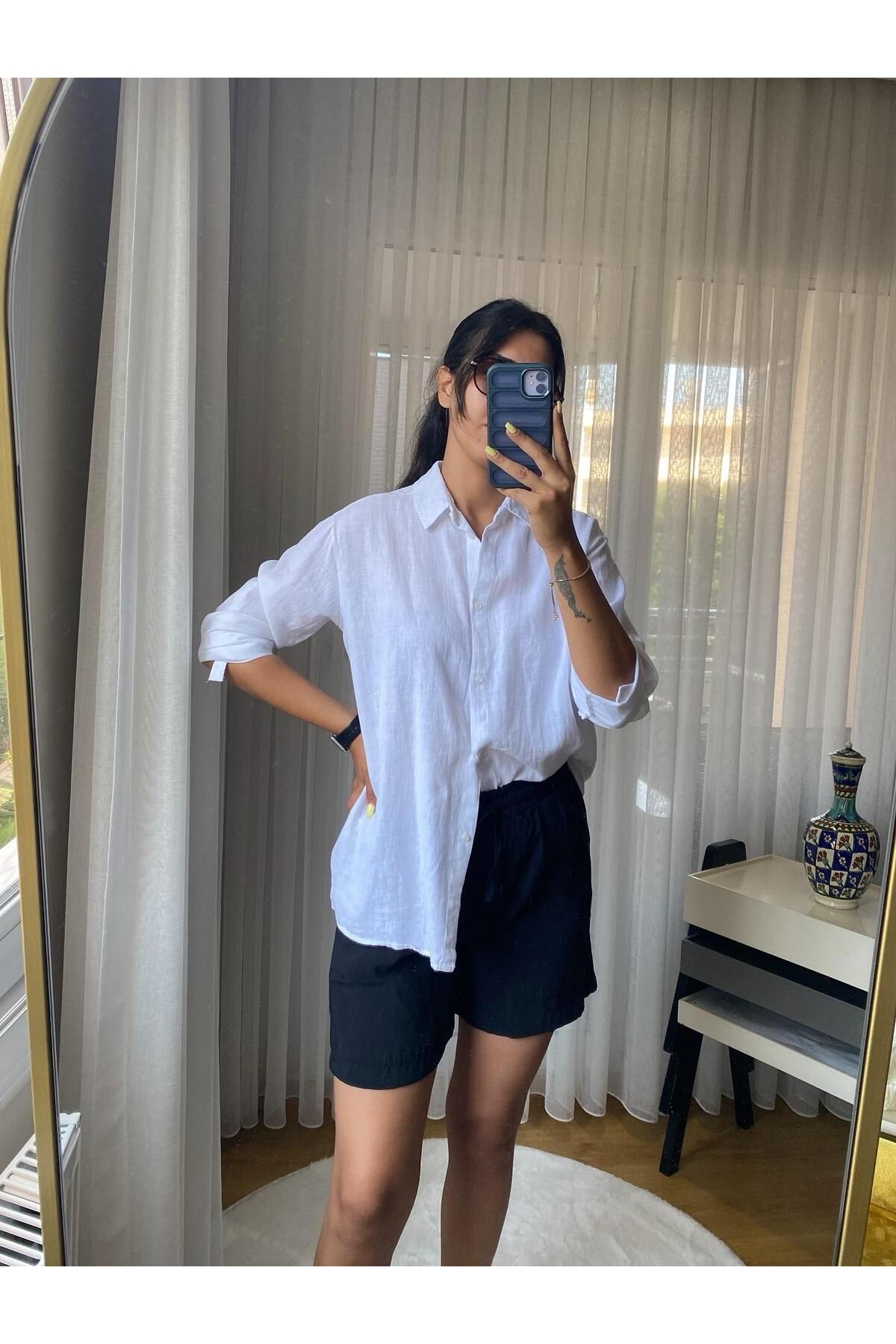 Girls House Kadın Keten Pamuk Gömlek - Renkli Kelebek Desenli, Oversize Yazlık Model