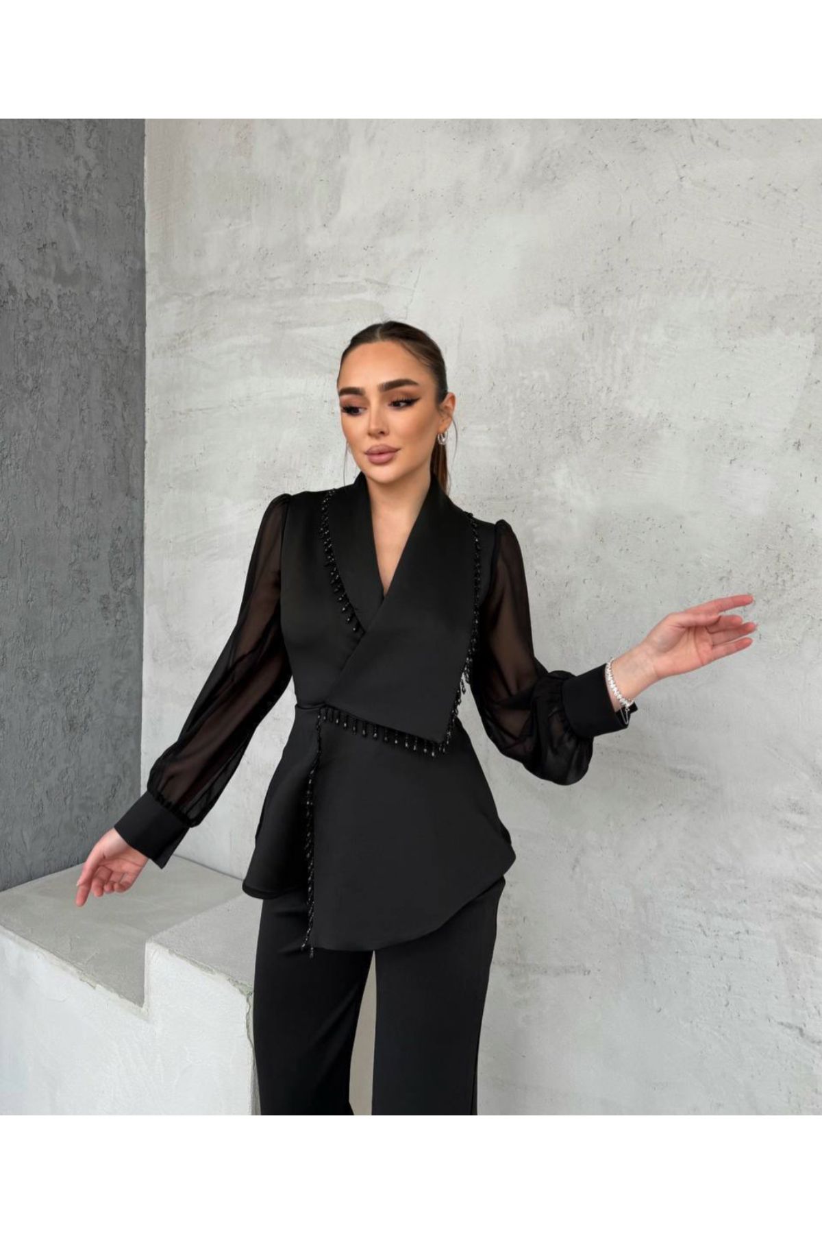KİNEM FASHİON Yeni sezon kadın taş detaylı ceket pantolon set takm