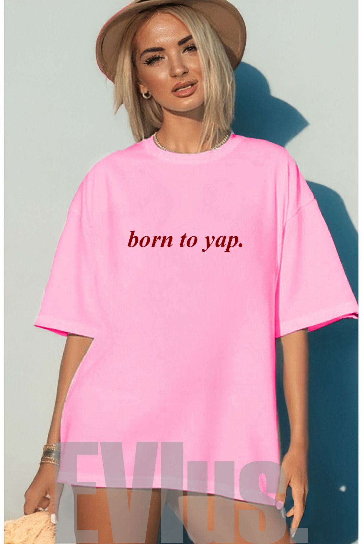 EVIus Oversize Born To Yap. Baskılı Bisiklet Yaka T-Shirt