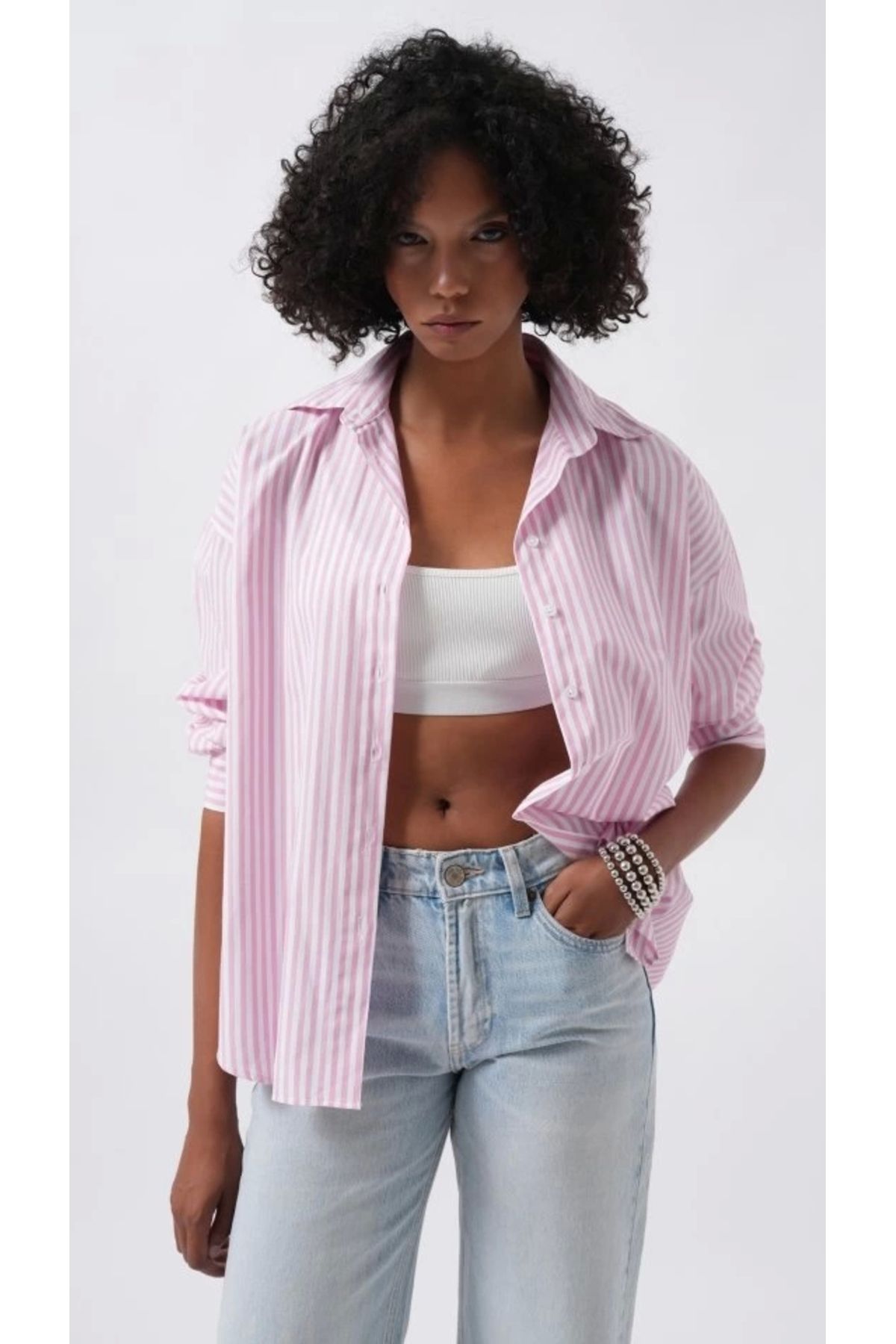 Butik Çizgili Detay Oversize Gömlek