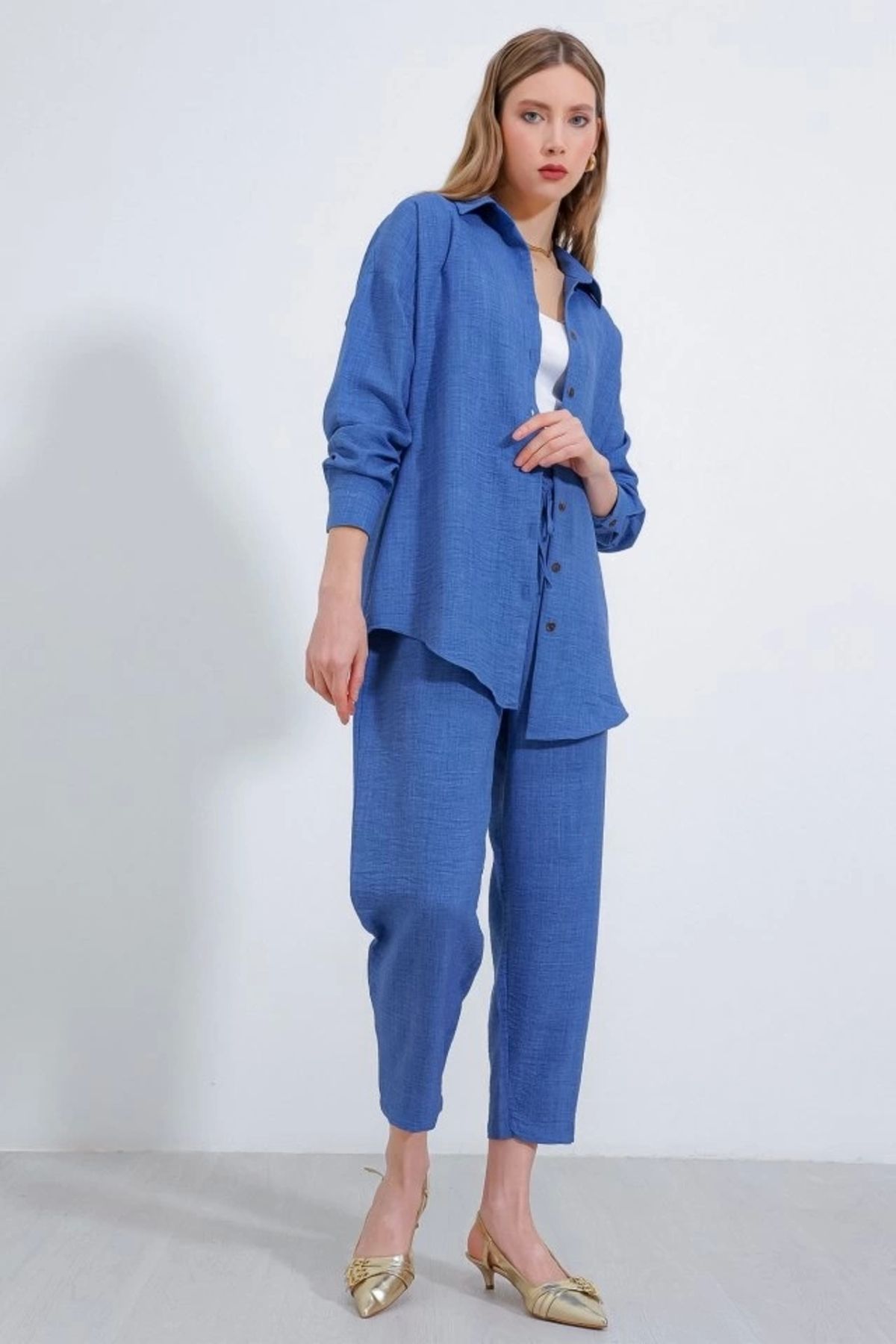 Butik İndigo Oversize Keten Alt Üst Takım 6622