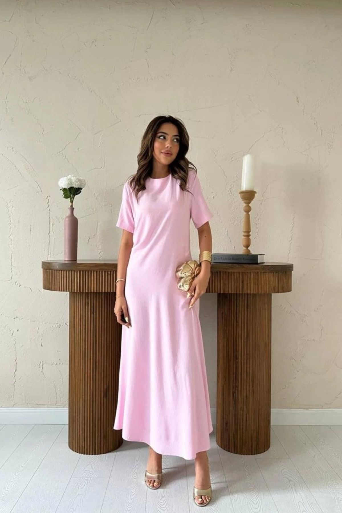Butik Pudra Pileli Bisiklet Yaka Elbise