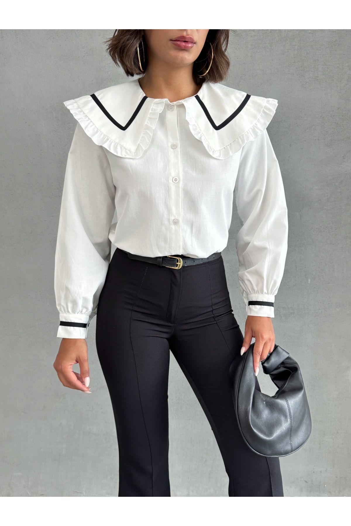 Lusin  Kadın Beyaz Şık Yaka Detaylı Uzun Kol Gömlek - Görsel 6