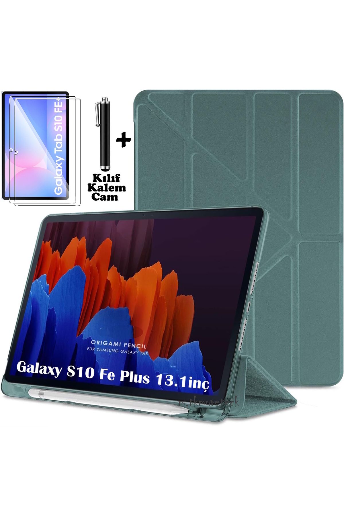 m.tk moveteck Samsung Galaxy Tab S10 Fe Plus 13.1 inç Kılıf Kalem Bölmeli Katlanır Yumuşak Silikon + Kalem+Cam Set
