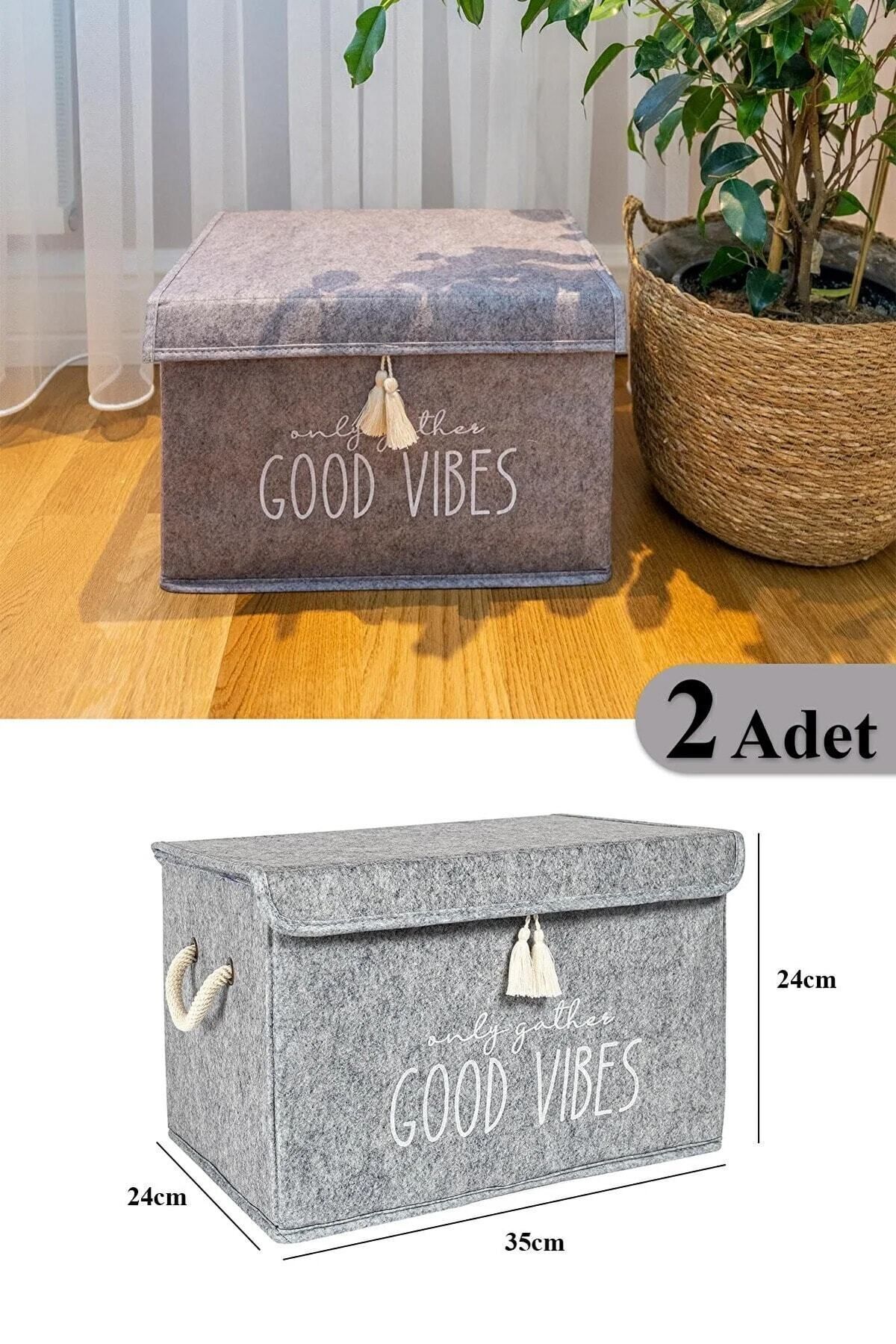 teknotrust Gri Keçe Kapaklı Çok Amaçlı Mini Saklama Kutusu Seti 35x24x24 cm