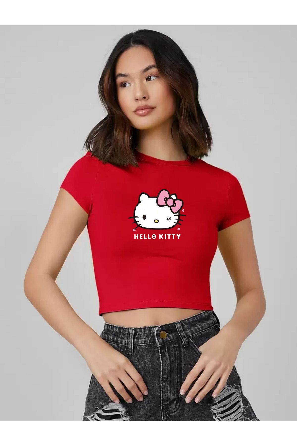OVER HEAD Kadın Hello Kıty Baskılı Baby Tee Crop T-shirt
