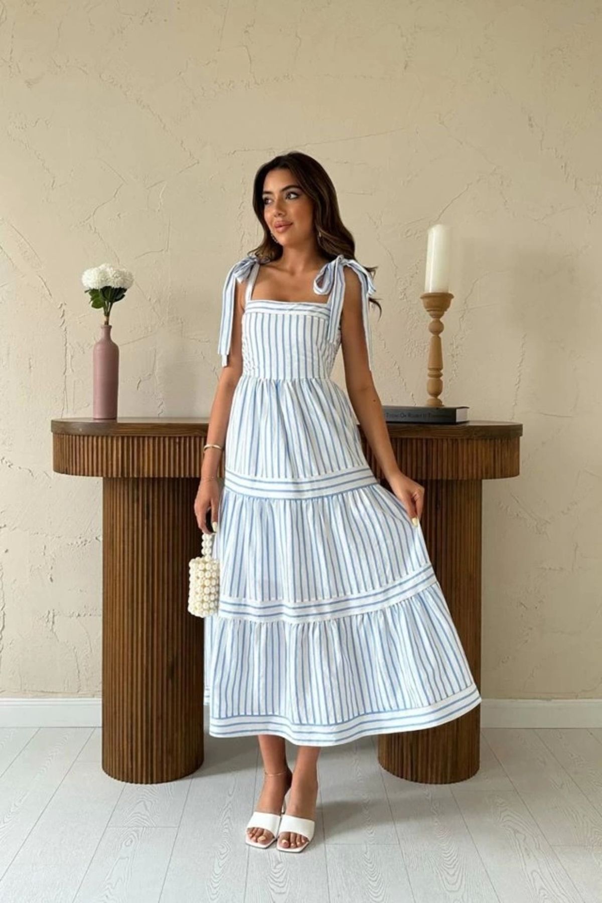 Butik Mavi Omuzdan Bağlamalı Çizgili Elbise