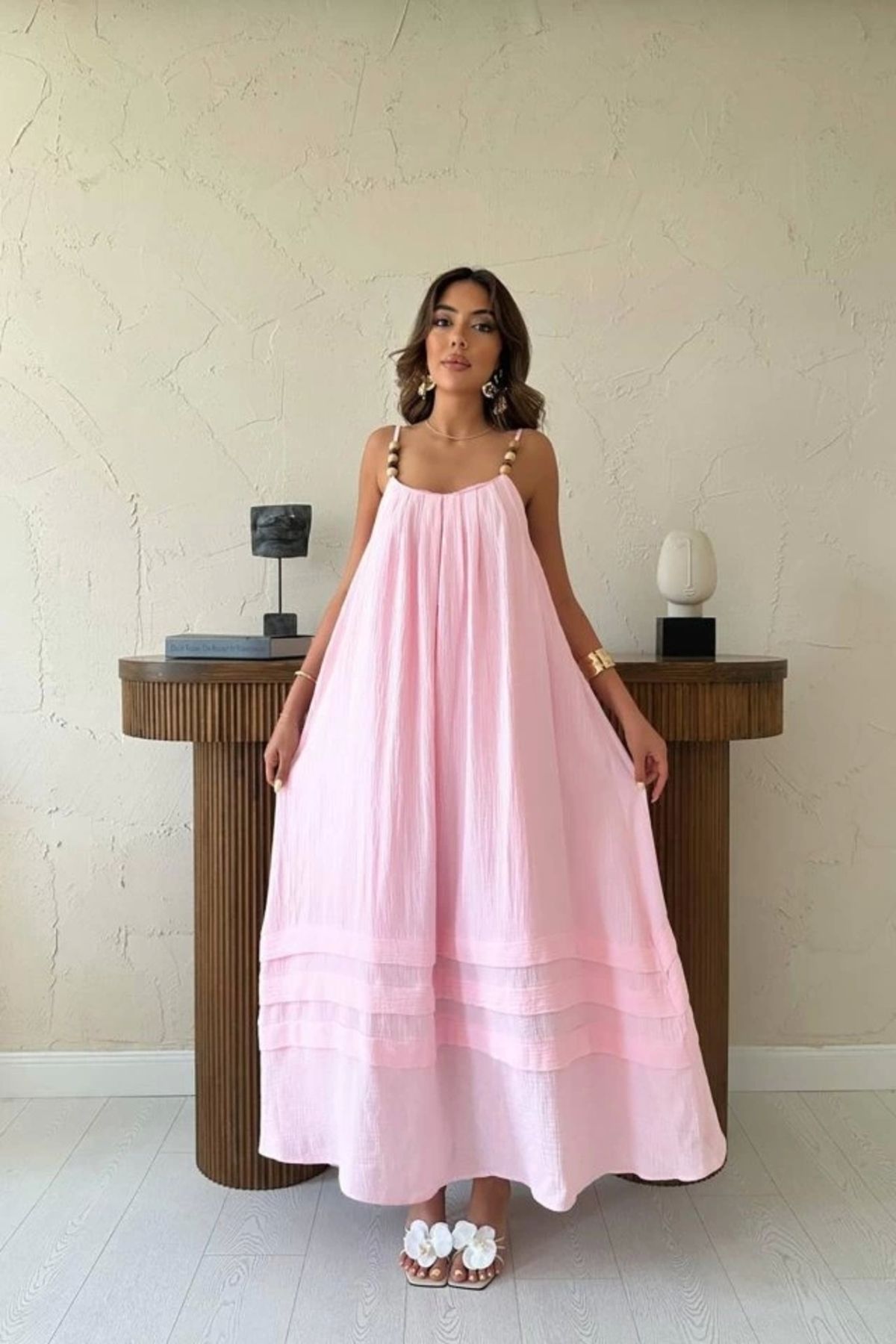Butik Pudra Askılı Müslin Elbise