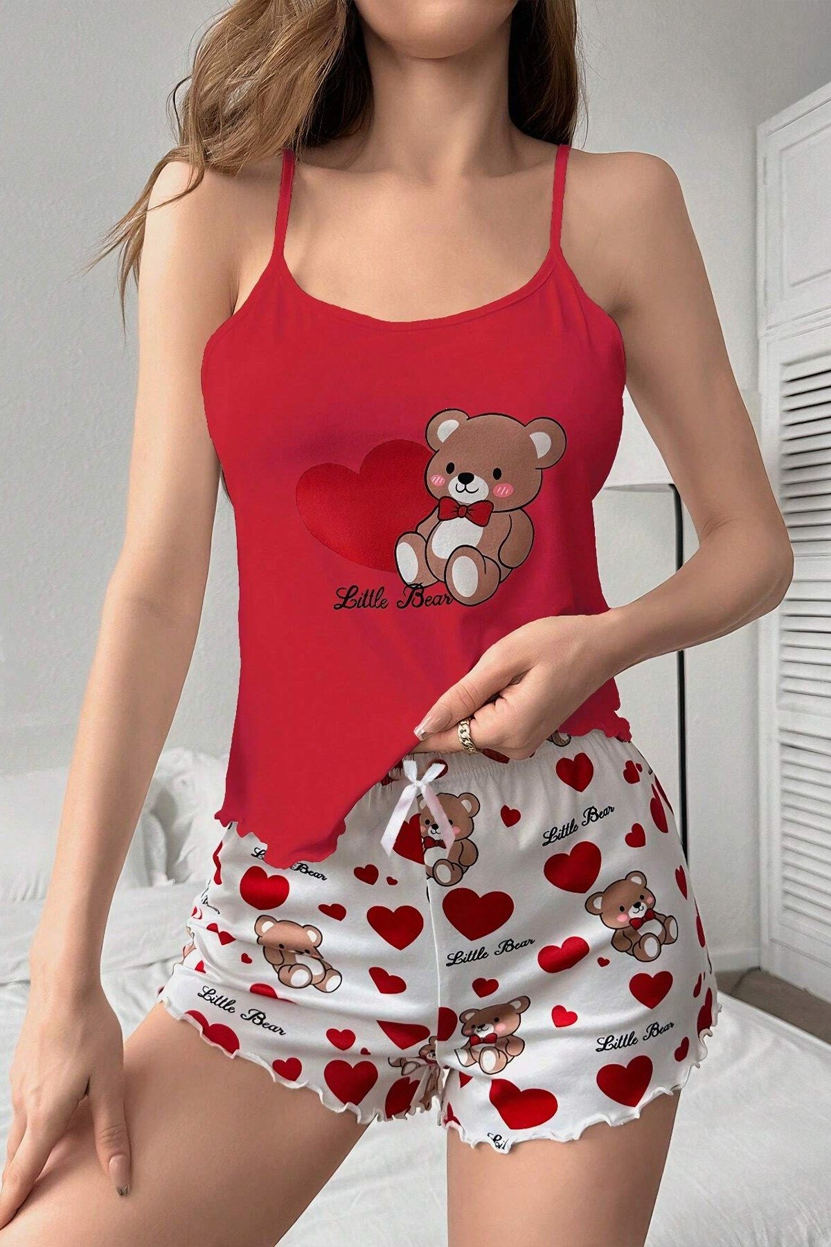 Funtasy Little Bear Desenli Kırmızı Şortlu Takım Gecelik