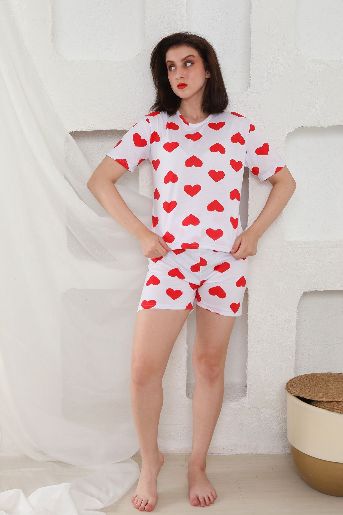 FAMES PİJAMA-Summer Patterned Loose Crop Shorts Pajama Set 3