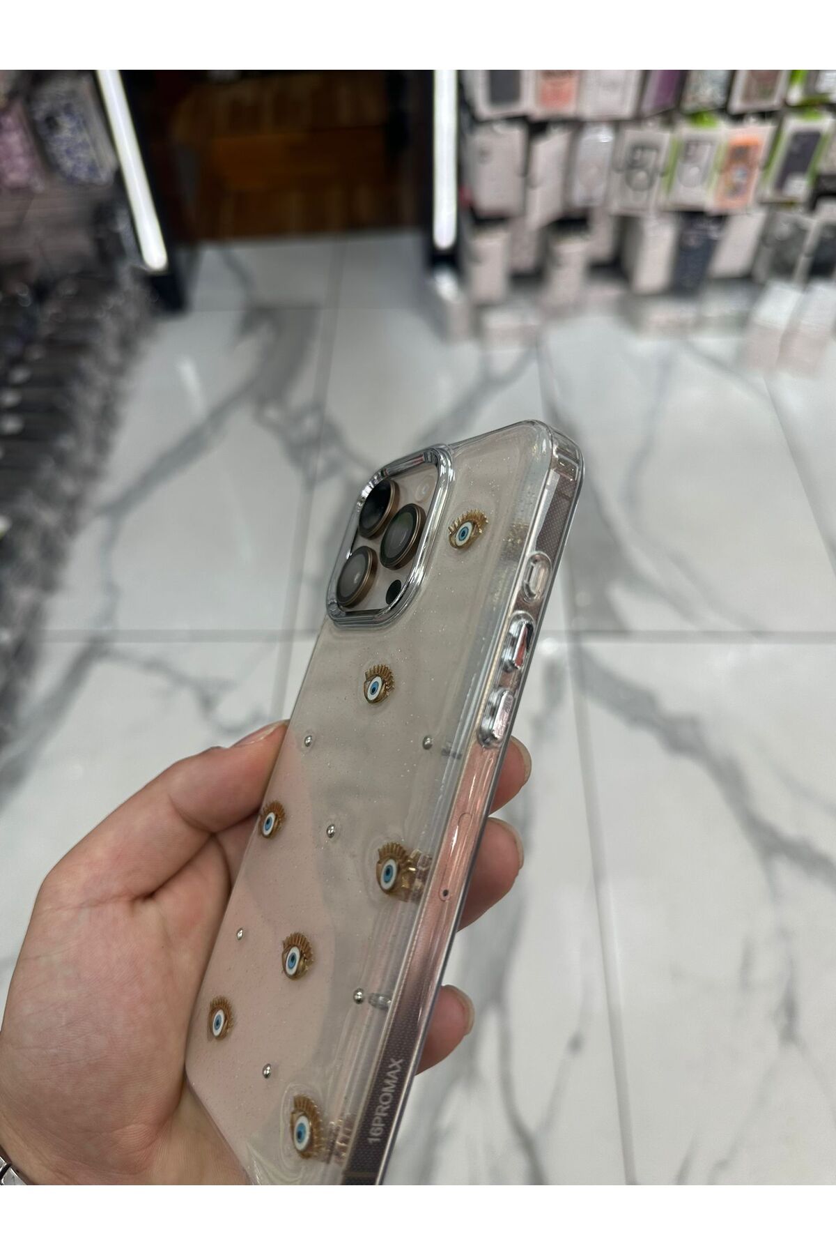 Bilişim Akademi iPhone 16 Pro Max Uyumlu Simli Kılıf Parlak Yumuşak Göz Desenli Kılıf
