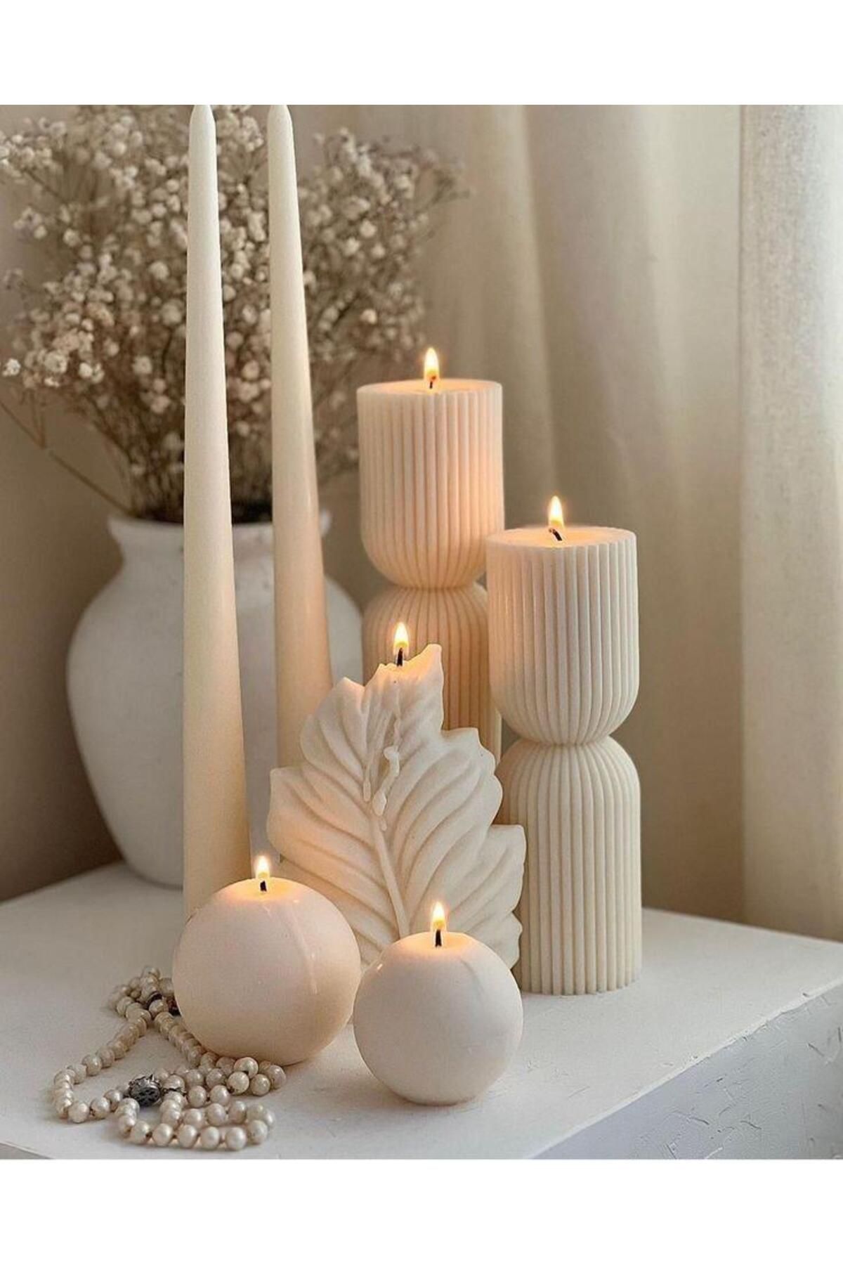 SCA CANDLE Dekoratif Mum Yaprak +çokgen +daire +şamdan mum toplam 7 Parça