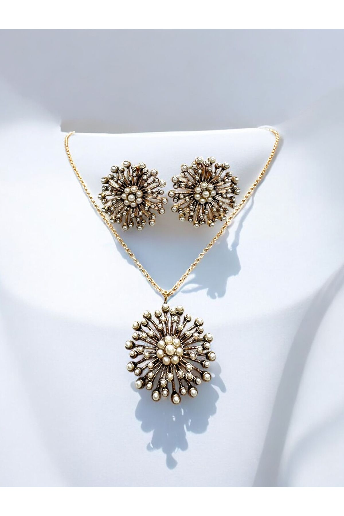 FUYA JEWELLERY İnci Taşlı Işıltı Kolye, Küpe Set