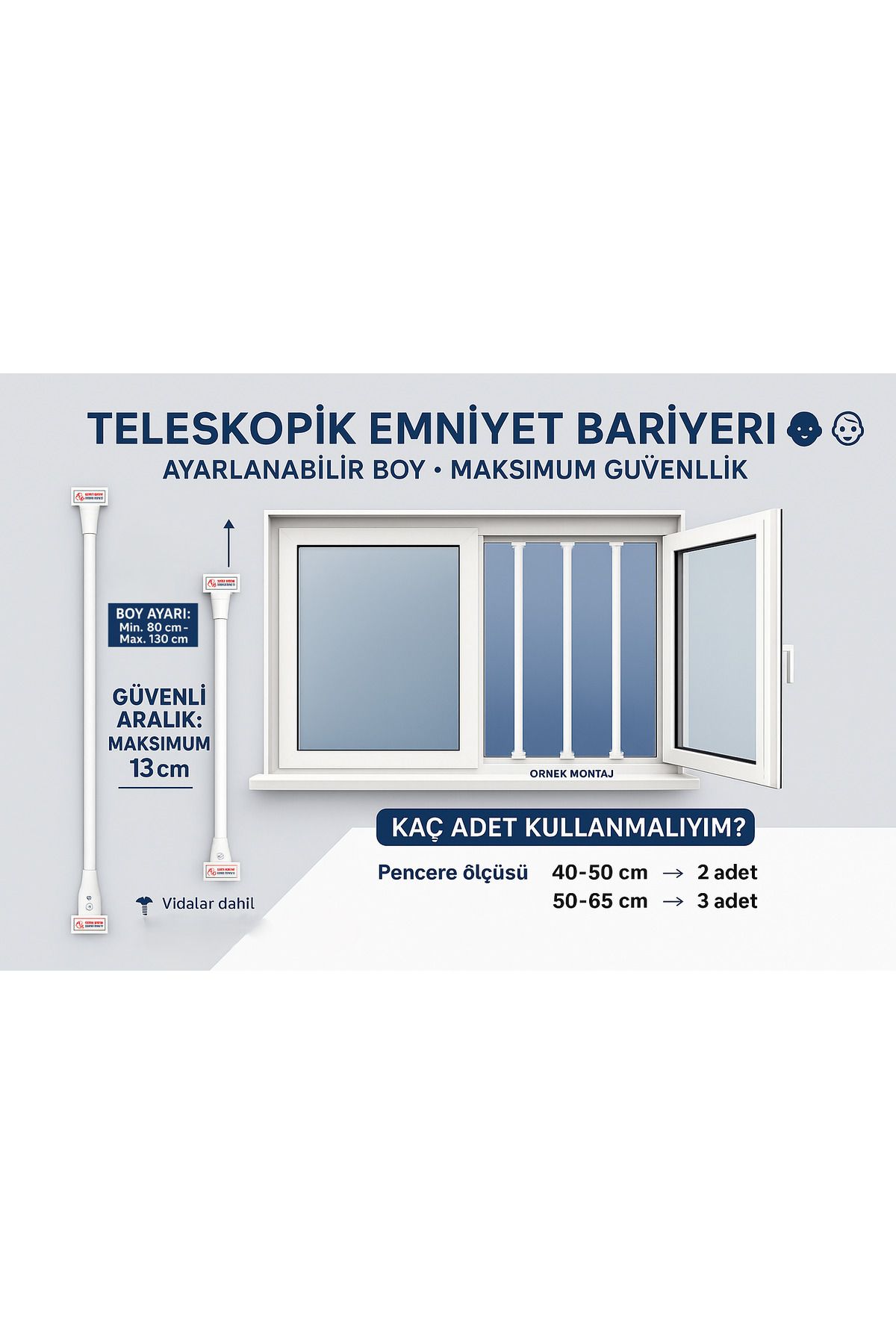 Life 360 Teleskopik Pencere Güvenlik Bariyeri 3'lü | 80-130 cm | Demir Profil | Çocuk Emniyet Çubuğu