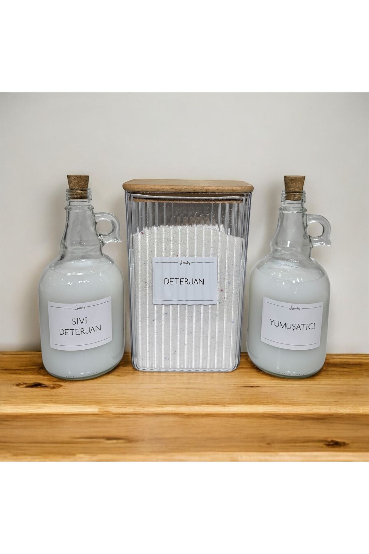 teknotrust Ahşap Kapaklı Çizgili Deterjan ve Yumuşatıcı Şişesi 2900ML 1000ML 3'lü Set