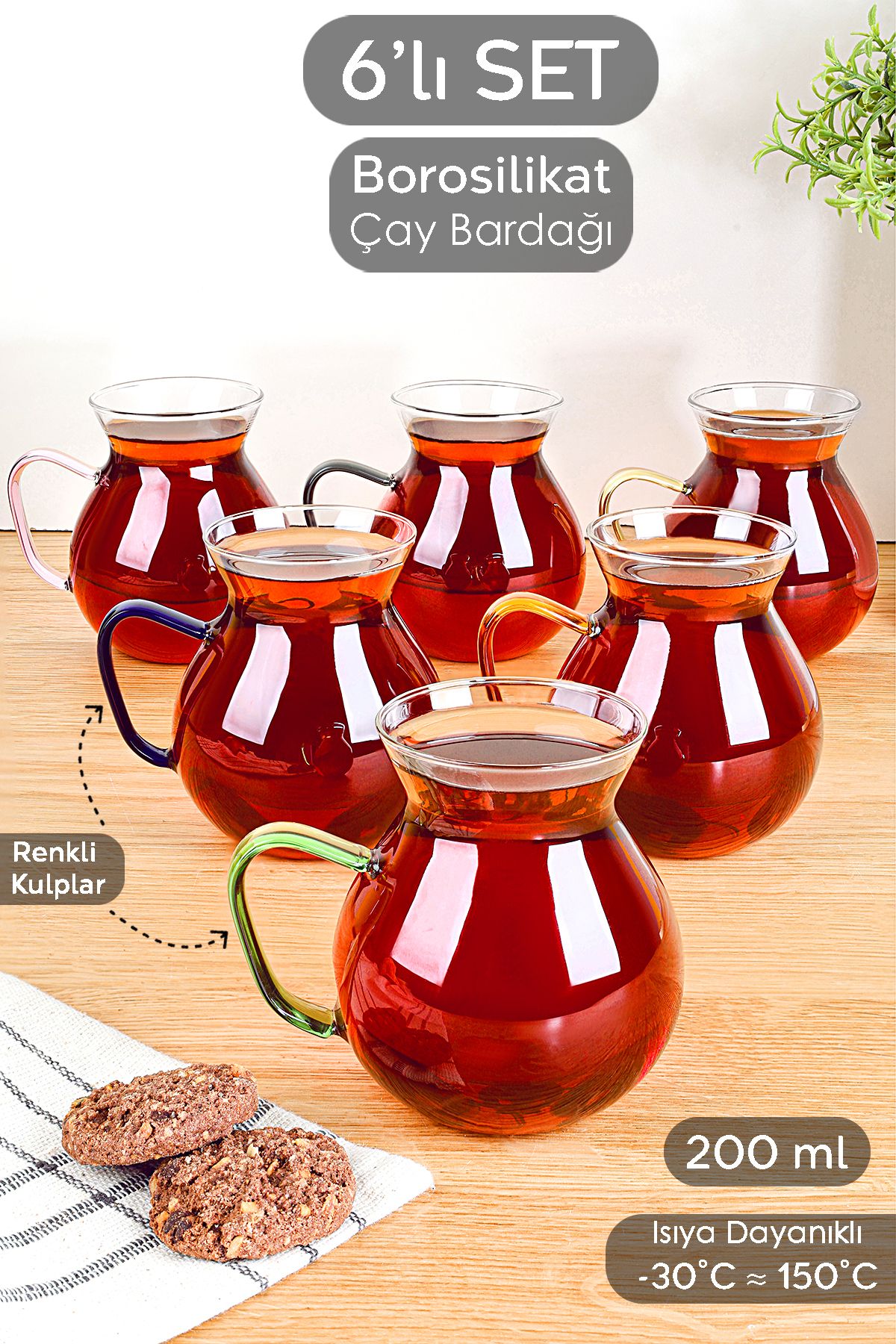 Home 6'lı Renkli Kulplu Borosilikat Cam Çay Bardağı Seti - Kulplu Tombul Cam Bardak 200 ml keyfi ala
