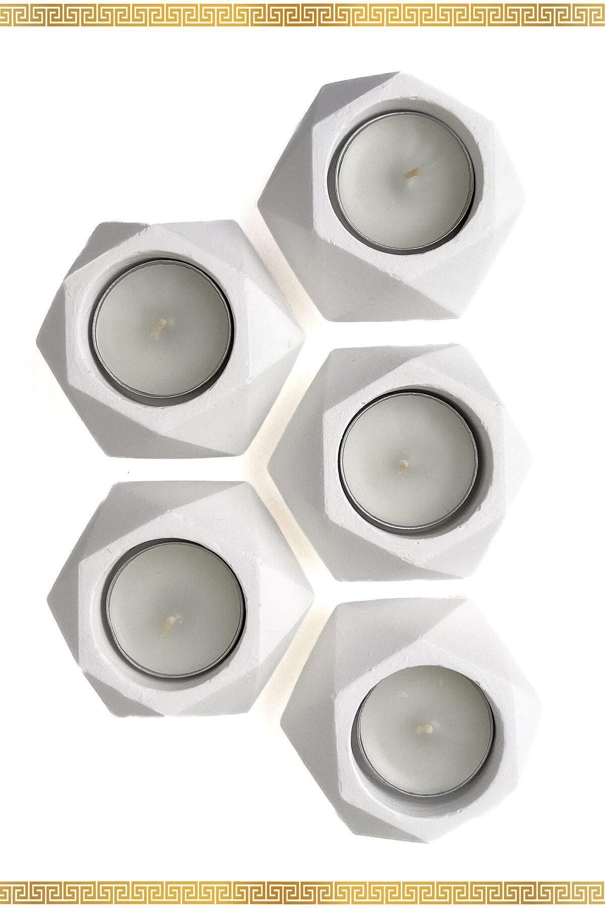 Saatistan Beşli Dekoratif Mum Seti, Hediyelik Tealight Mumluk, İnci Beyazı Renkli