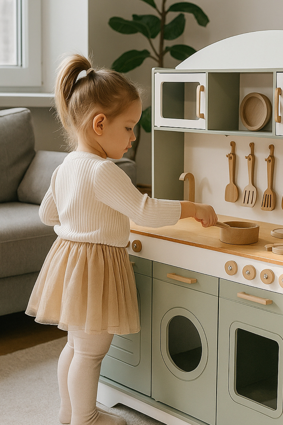 hedefixtoys Ihlamur Yeşili Ahşap Oyuncak Mutfak Seti | 12 Parça Aksesuar Hediyeli | LED Işıklı–Montessori Uyumlu fotoğrafı 3 (önizleme)