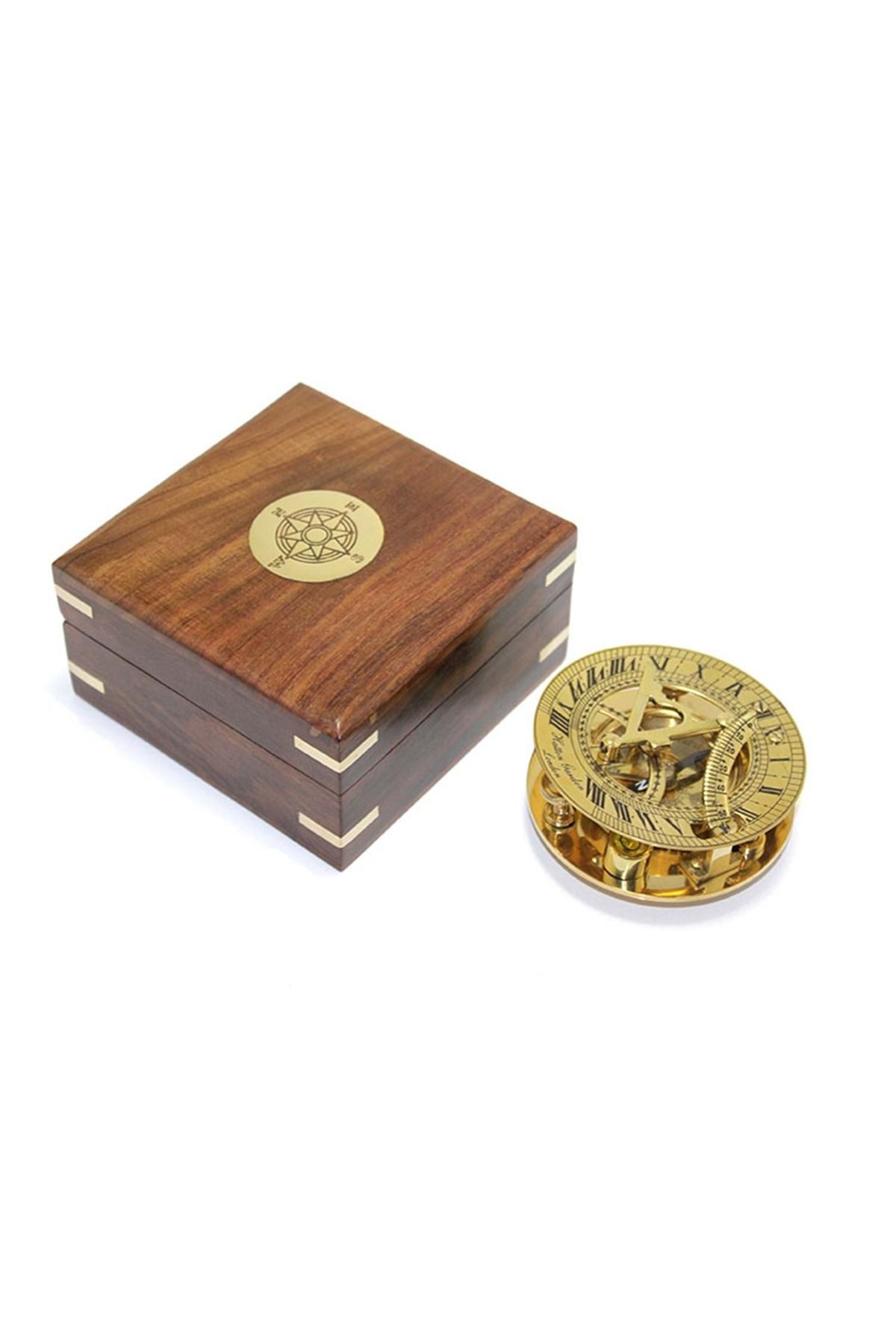 Store Ahşap Kutulu Pirinç Güneş Saati Ve Pusula Modeli 8*3 Cm