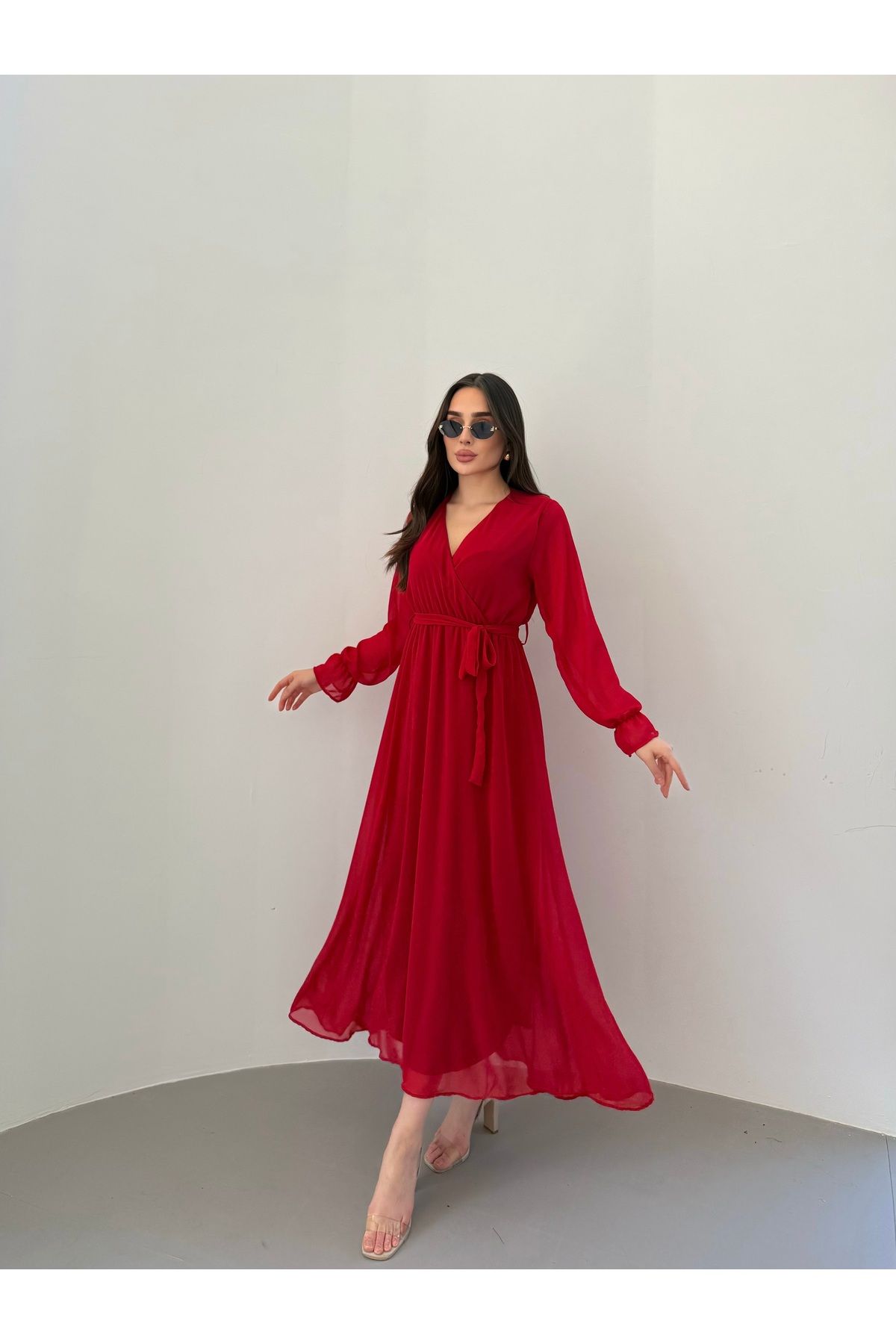 Anna Moda Bordo Kruvaze Yaka Astarlı Şifon Elbise