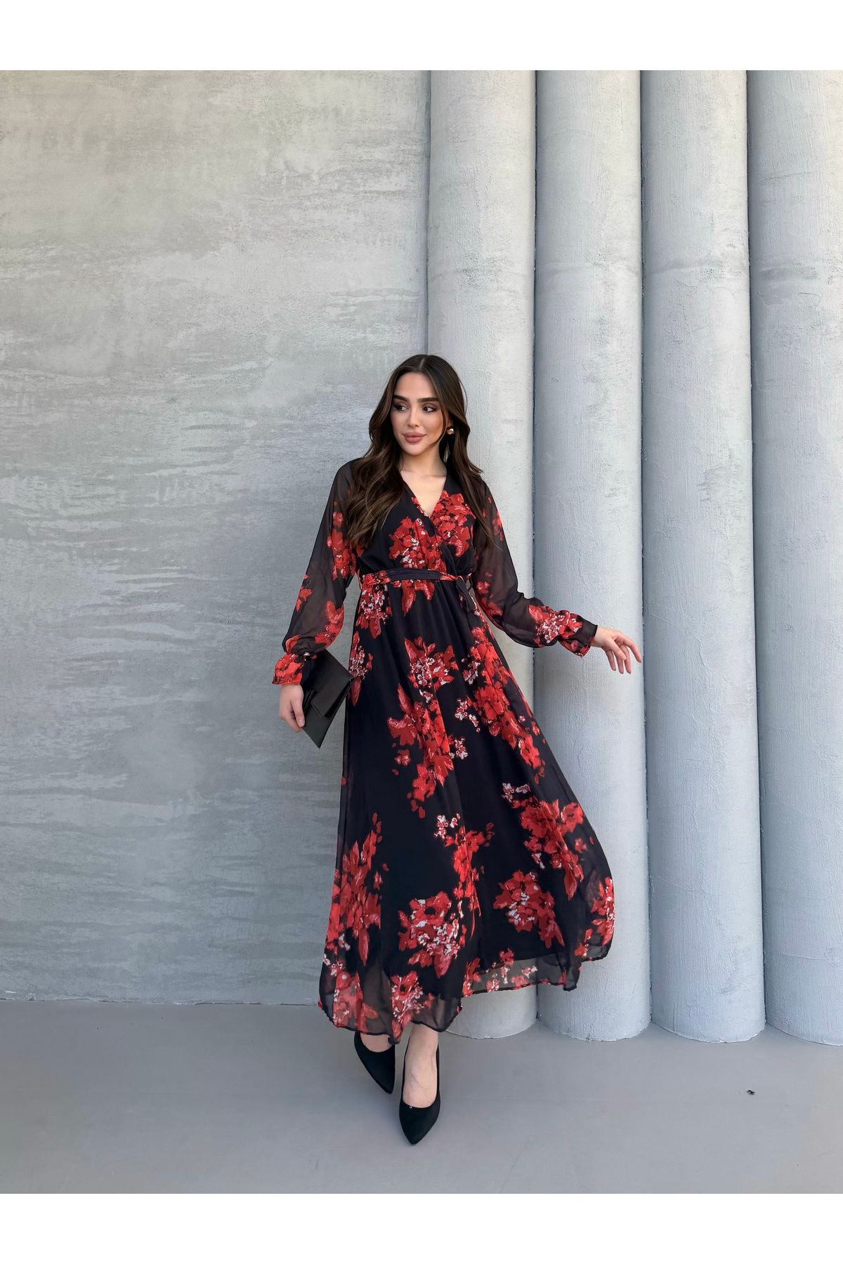 Anna Moda Büyük Güllü Astarlı Şifon Elbise