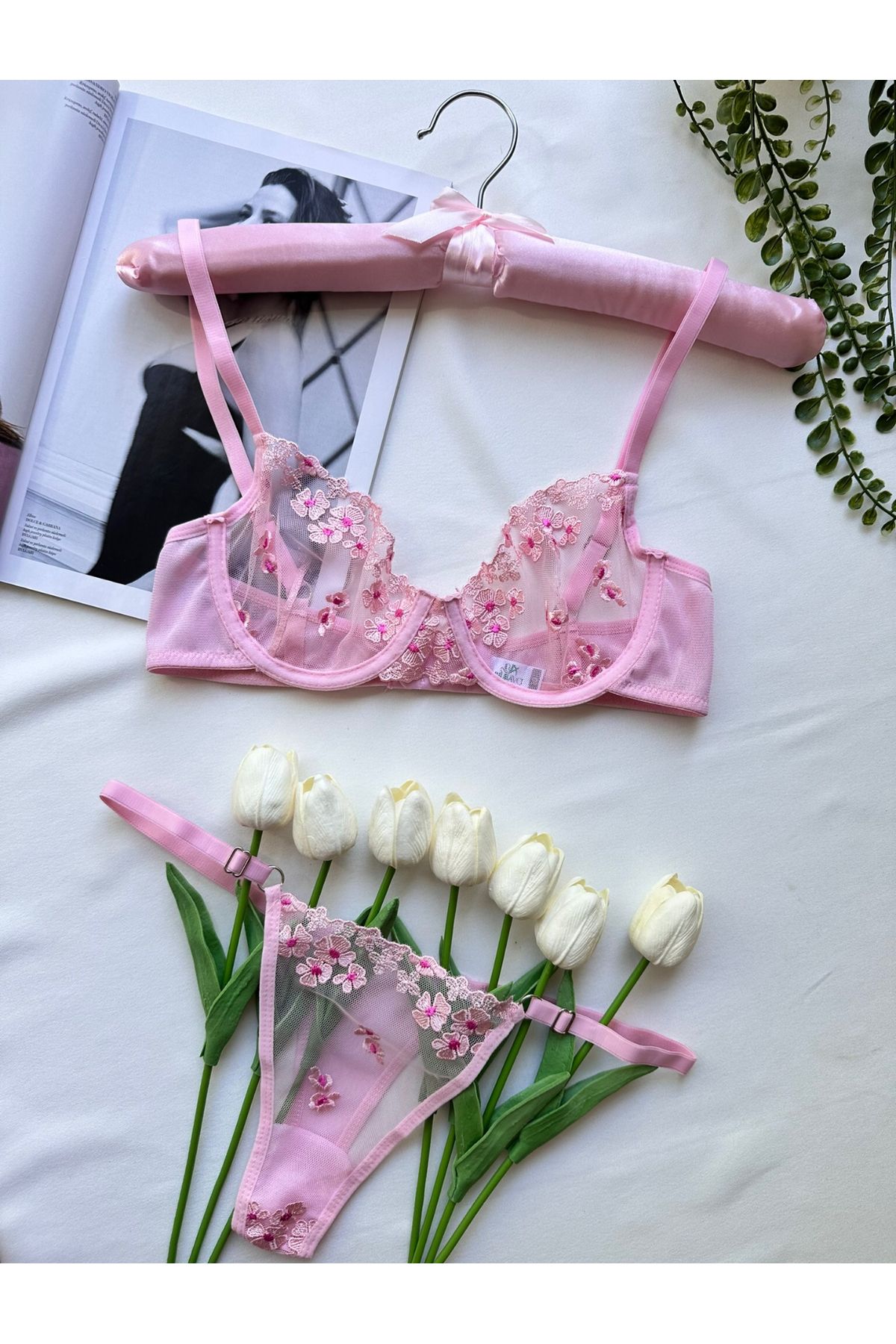 Mores Pembe Çiçek Desenli Sütyen Takımı