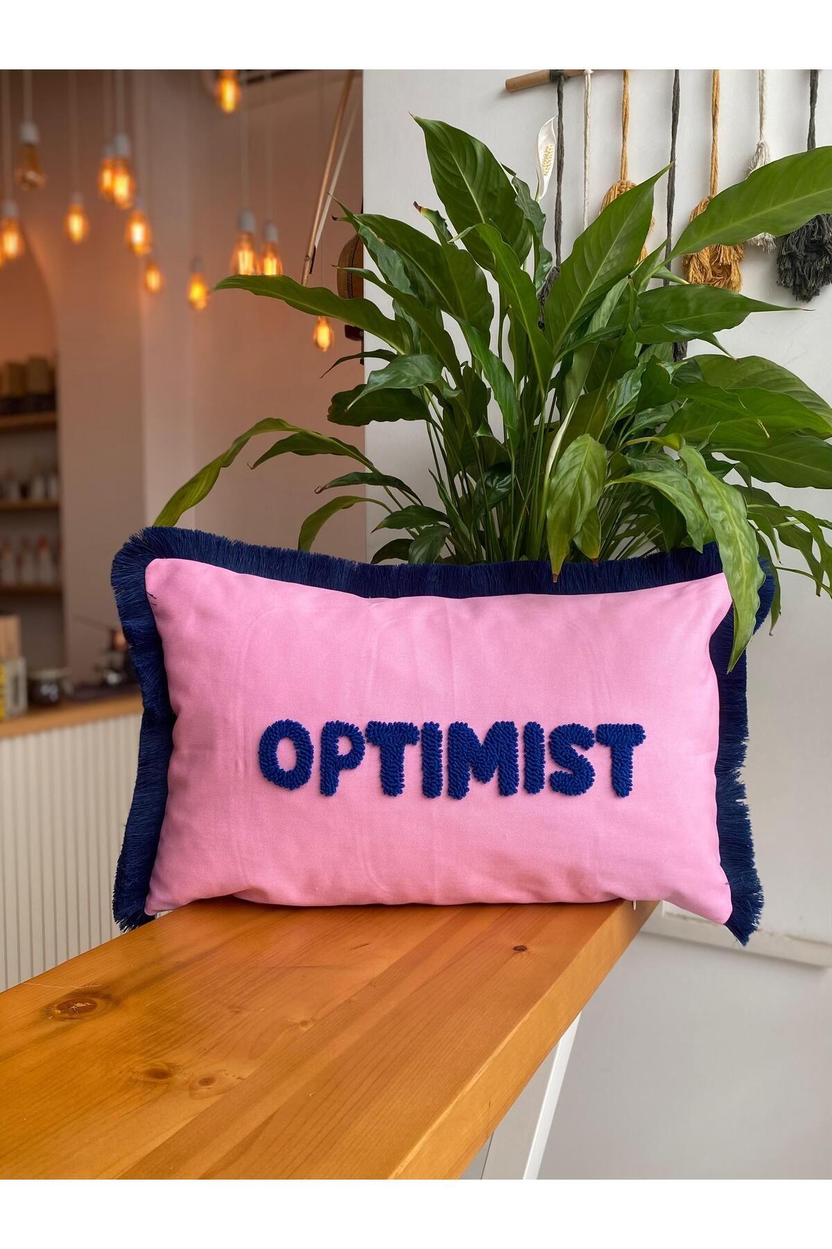 RahanDesign Optimist Yazılı Pembe Kumaş Punch İşlemeli Saçaklı Kırlent Kılıfı - 30x50cm - Pembe Punch Kırlent
