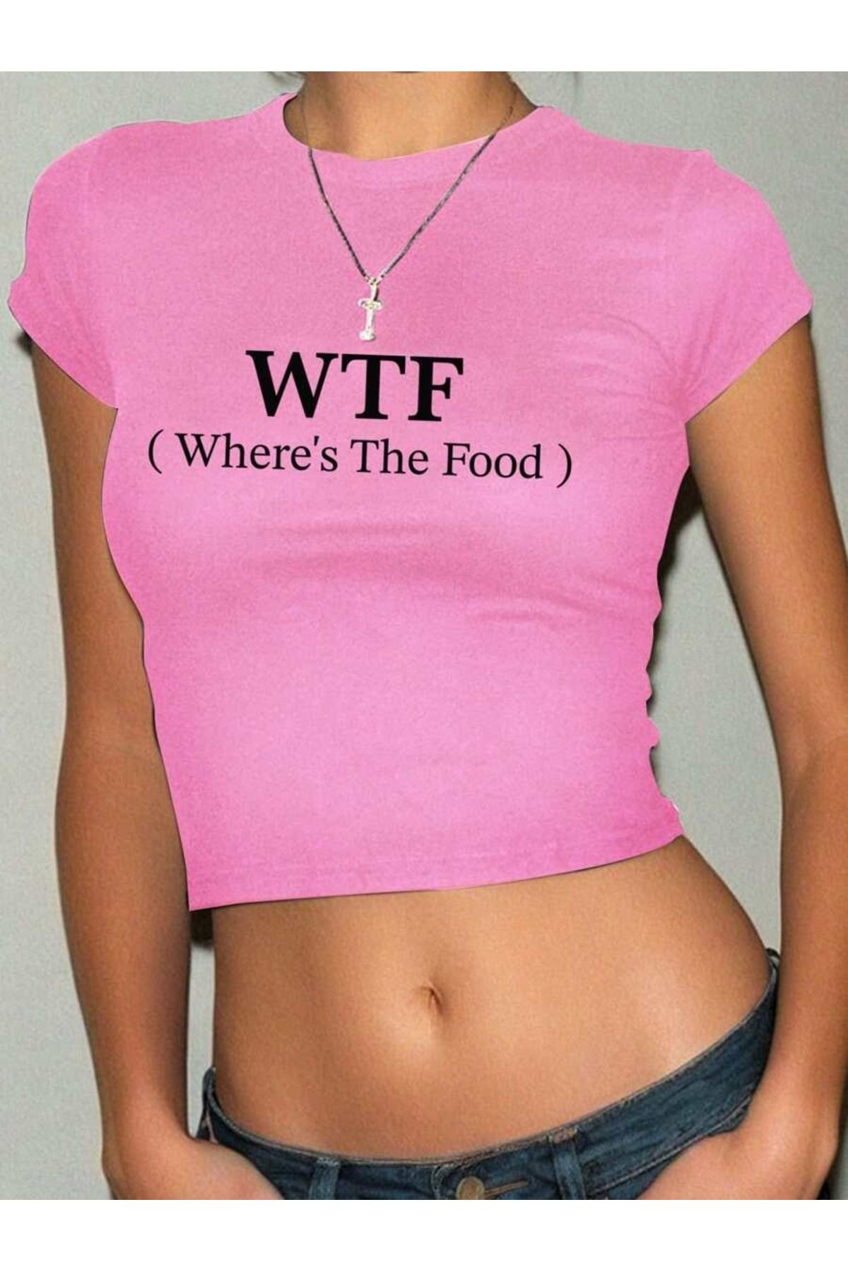 OVER HEAD Kadın Where's The Food Baskılı Baby Tee Crop T-shirt