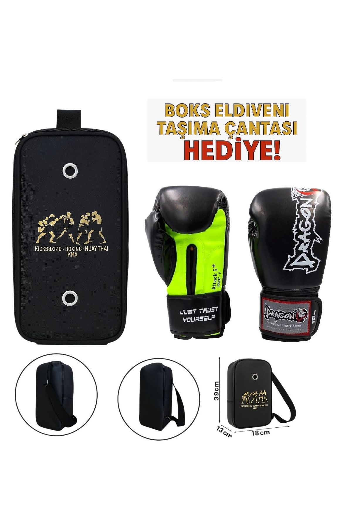 Dragondo Attack 5 + Boks Eldiveni Kick Boks Muay Thai Eldiveni ve Eldiven Taşıma Çantalı