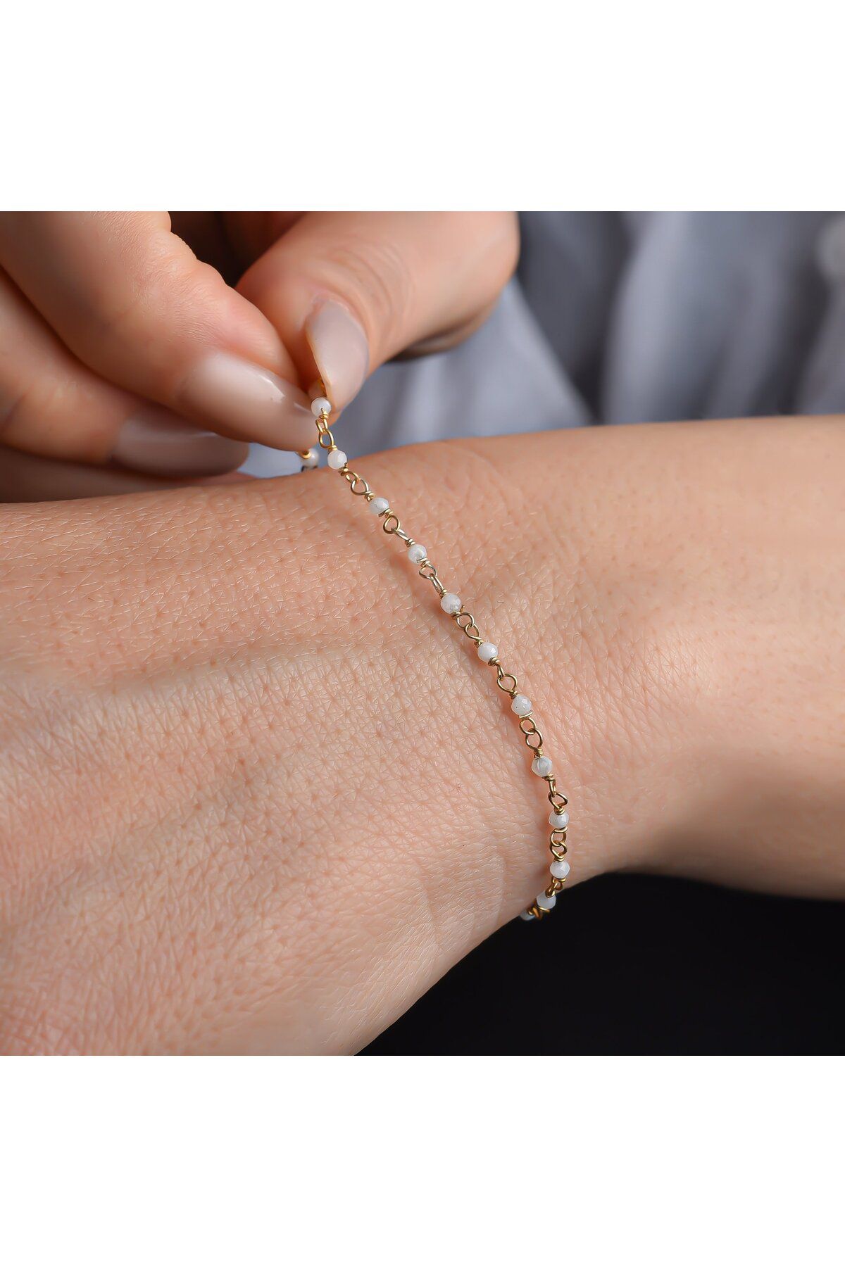 Nox Jewelry 14 Ayar Altın Kaplama Doğal Ay Taşı El Yapımı Gümüş Bileklik - CBS00134