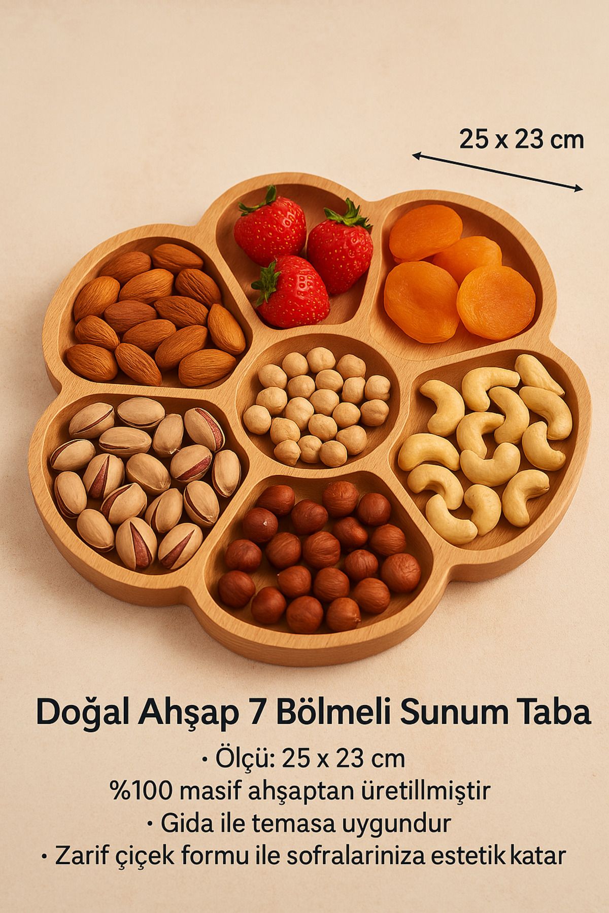 HOM Doğal Ahşap 7 Bölmeli Çiçek Formlu Sunum Tabağı | 25x23 cm | Masif Ahşap