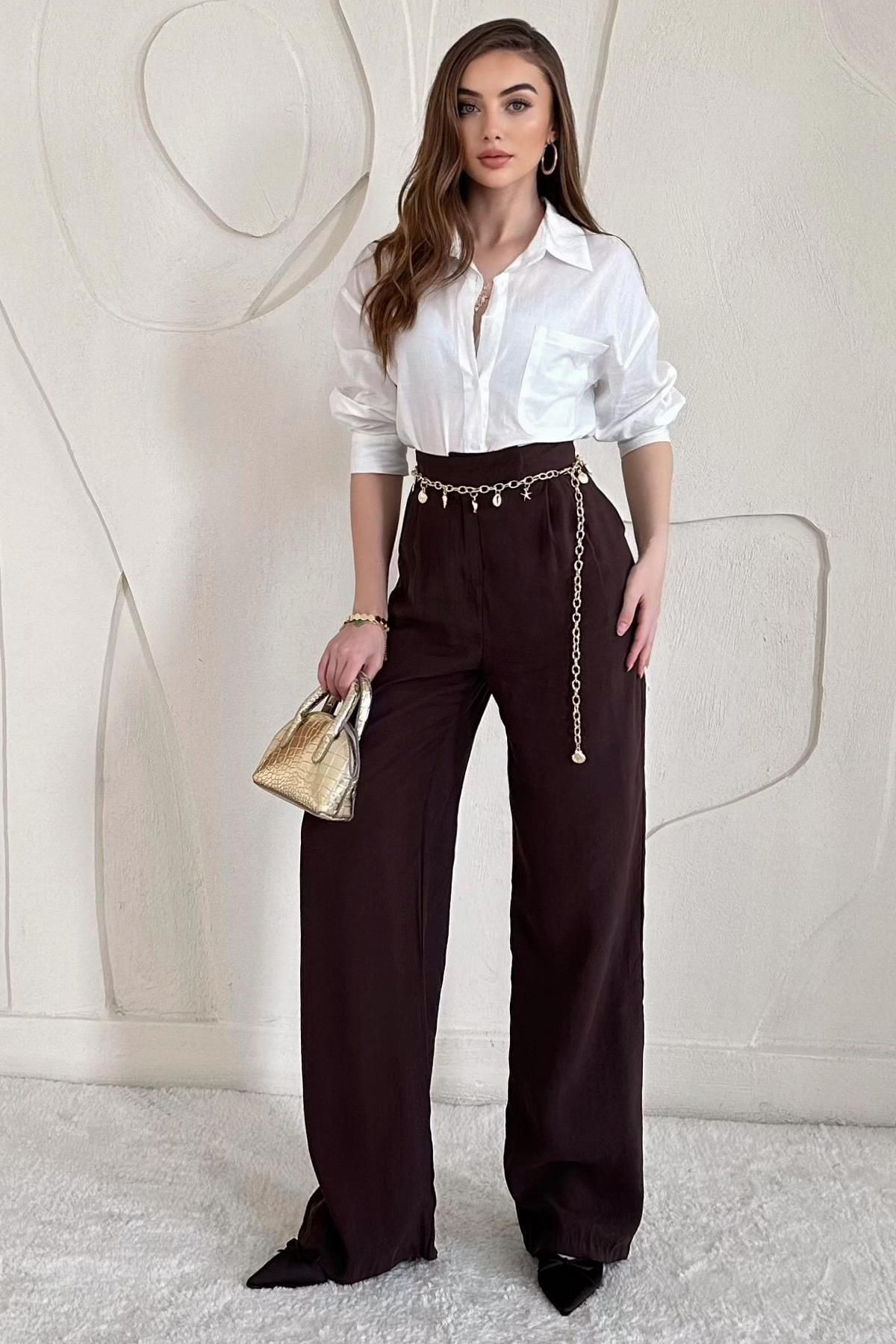 Elbee Fashion Woman Yüksek Bel Pile Detaylı Palazzo Pantolon