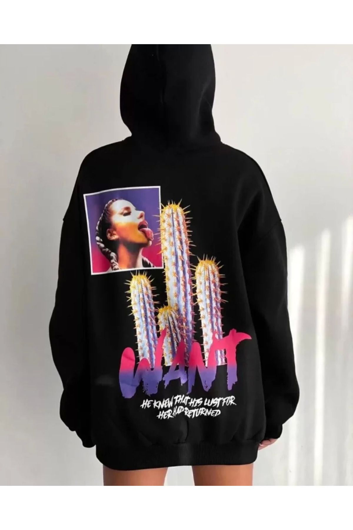 ZORM Oversize Siyah Kapüşonlu Baskılı Sweatshirt