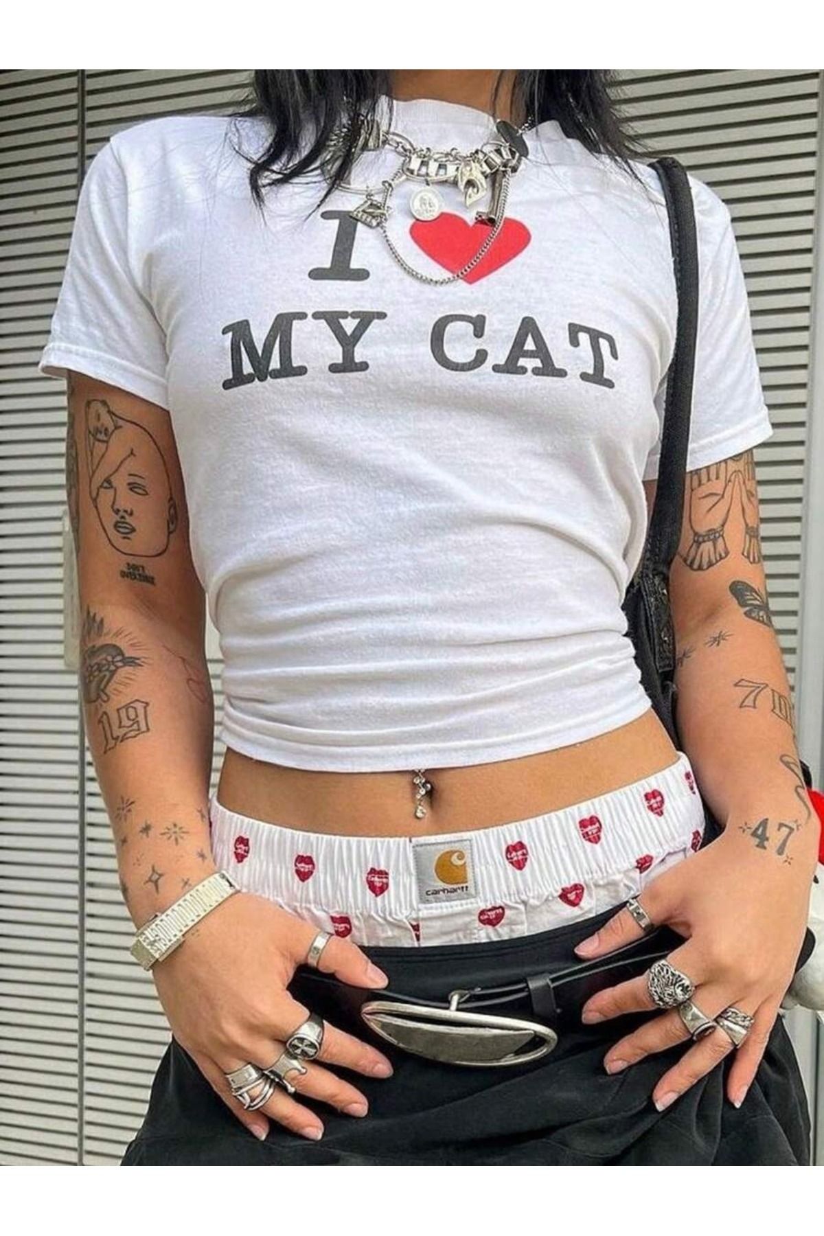 OVER HEAD Kadın Kedi I Love My Cat Baskılı Baby Tee Crop T-shirt