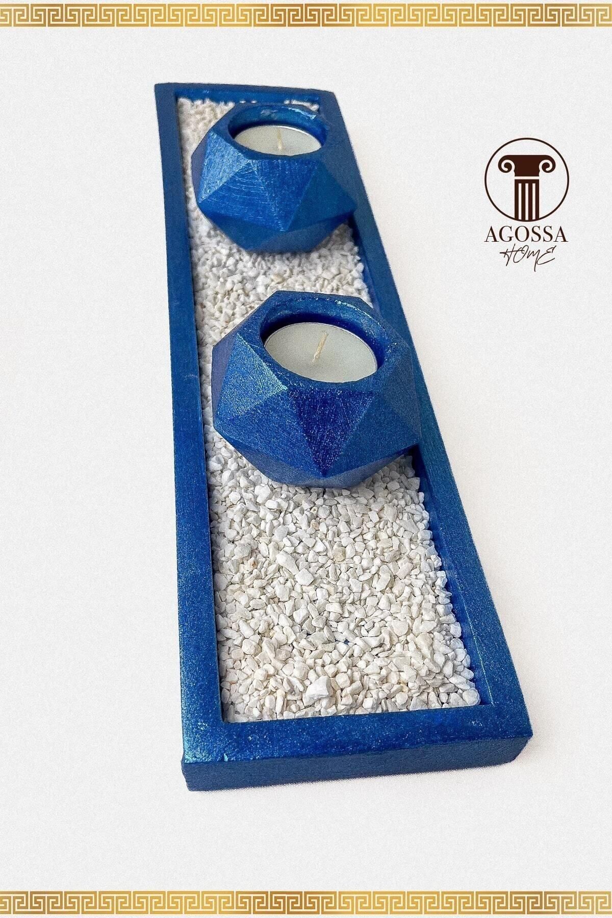 Saatistan 2'li Mavi Tealight Prizma Mumluk ve Taşlı Sunum Tepsisi Seti