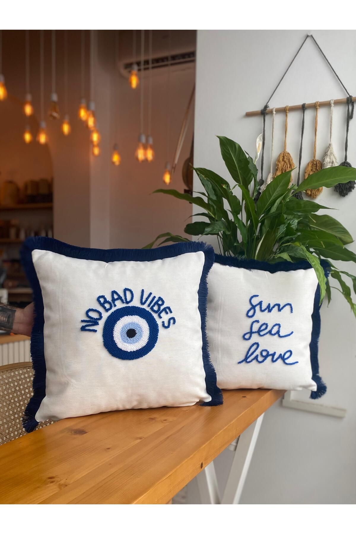 RahanDesign No Bad Vibes - Sun Sea Love Yazılı Punch İşlemeli Lacivert Saçaklı 2li Kırlent Kılıfı Seti - 43x43cm