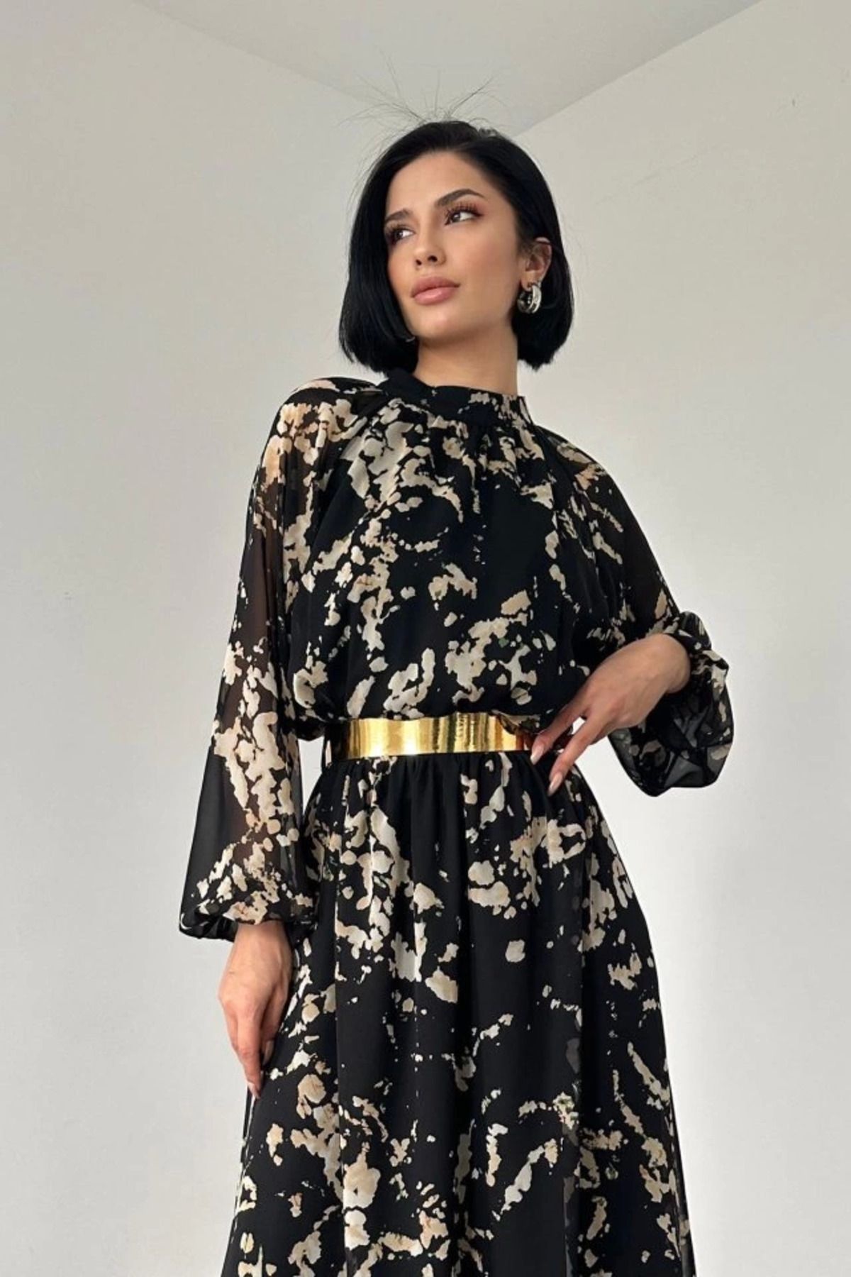ZORM Siyah Reglan Kol Baskılı Elbise