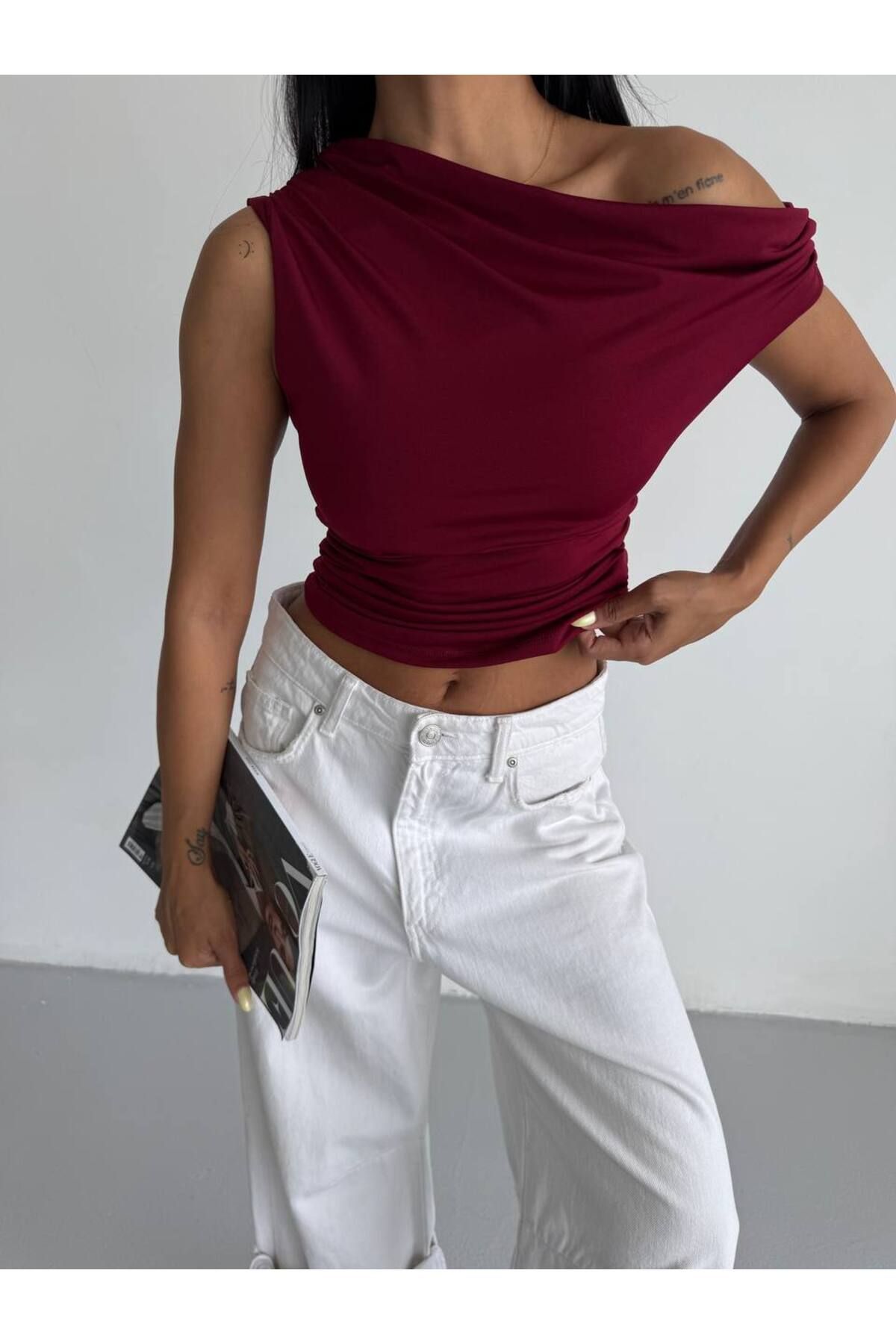 RAWEA FASHİON KADIN DÜŞÜK OMUZ CROP BLUZ