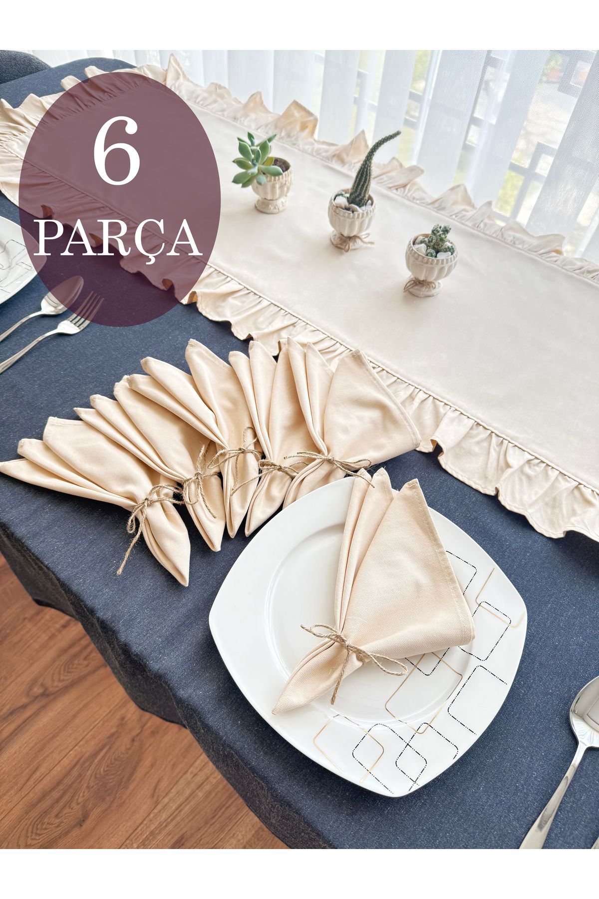 ARS DT Vintage 6 'lı Cepli Dantelli Amerikan servis ve 6 PARÇA Dekoratif Sunum Peçetesi Takımı