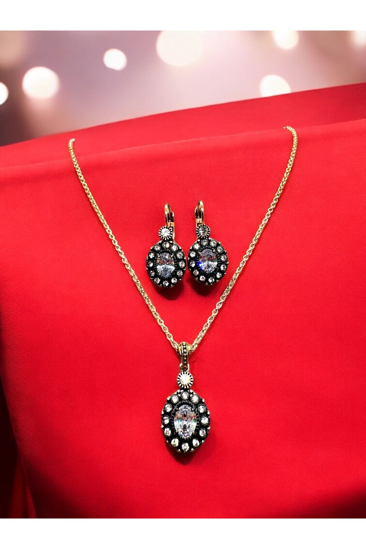 FUYA JEWELLERY Zirkon Taşlı Büyük Yuvarlak Kolye, Küpe Set