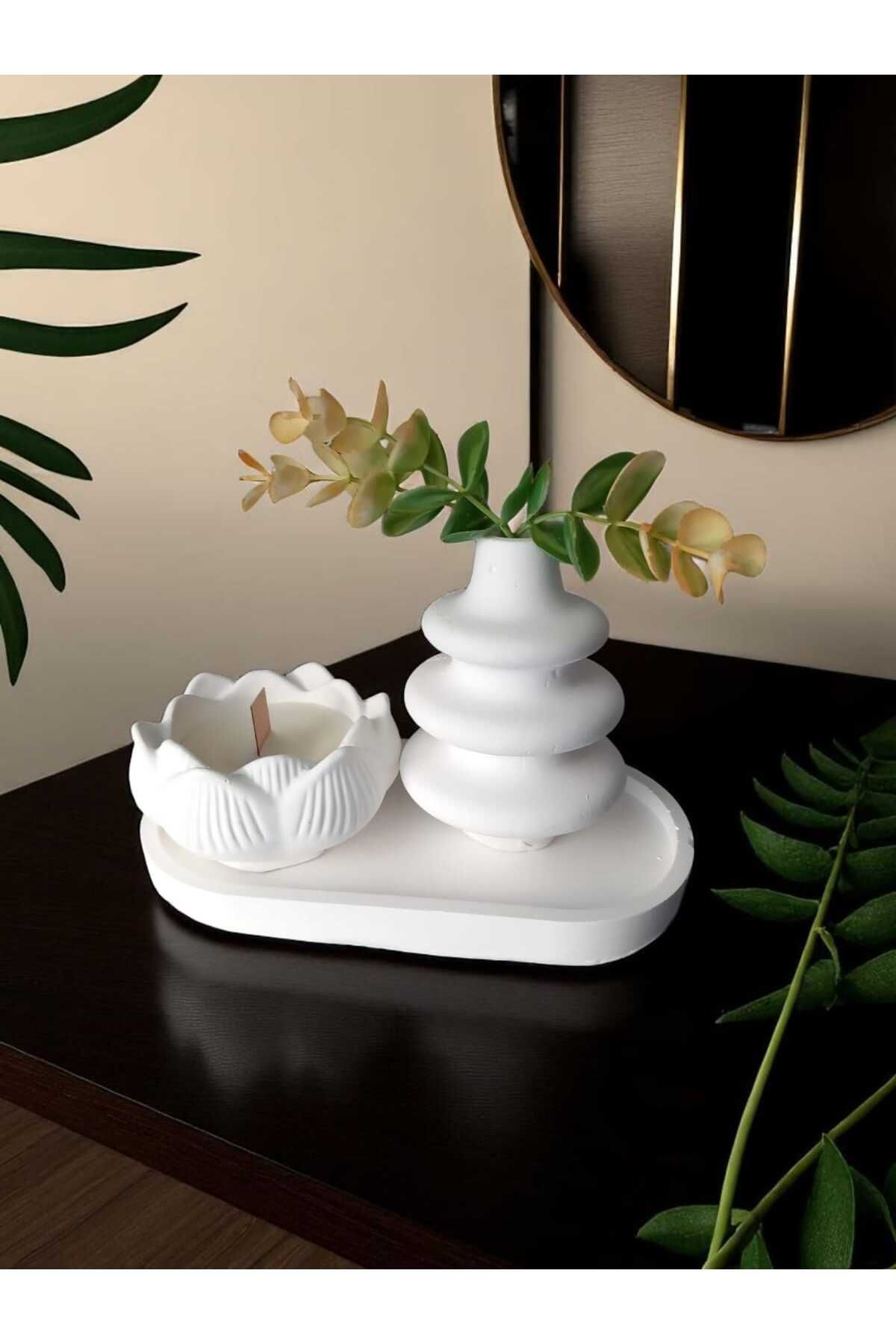 AYŞEM Beyaz Dekoratif Vazo Seti,Lotus Alçıda Kokulu Mum Stantlı